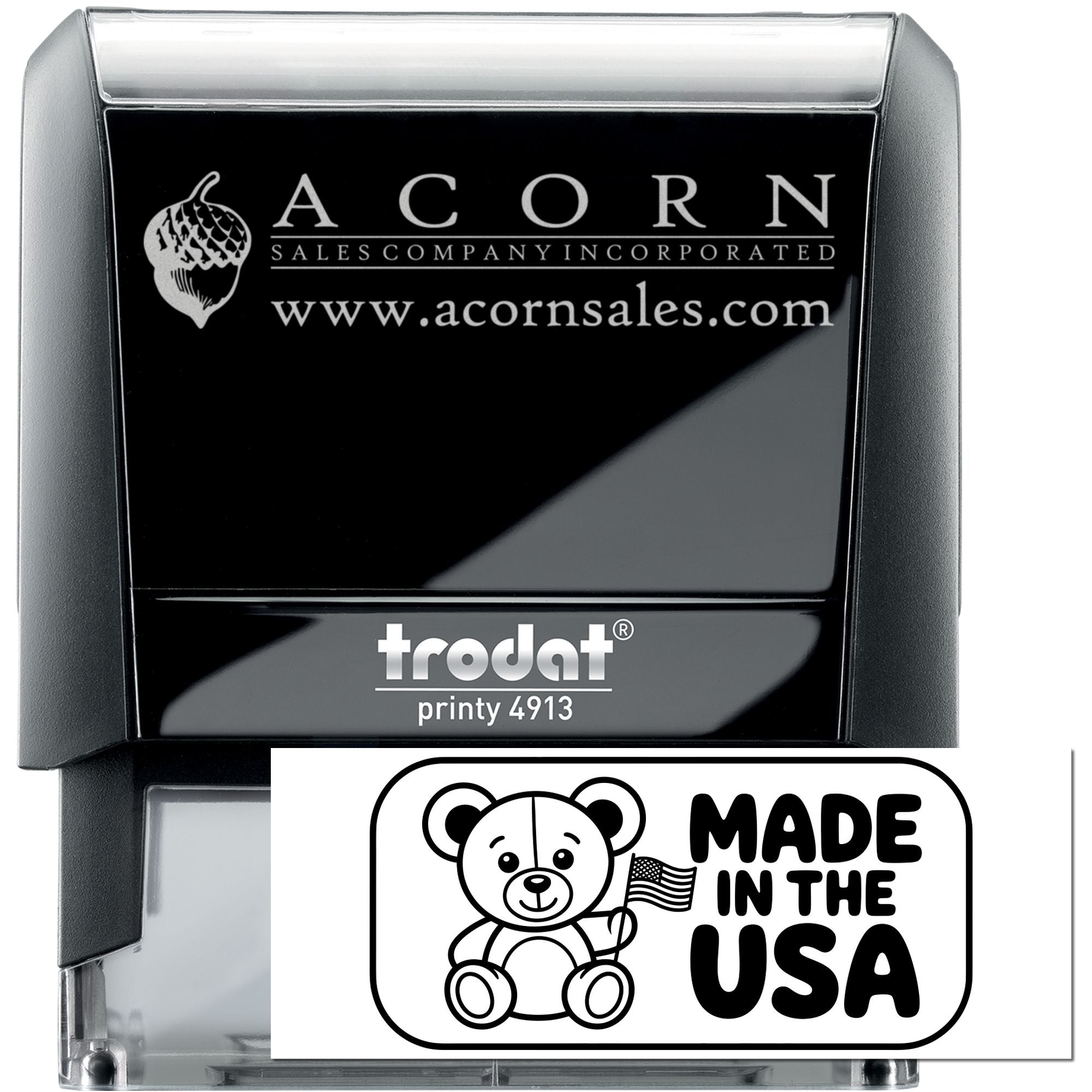 Custom self-inking rubber stamp with Acorn Sales Company logo and Made in the USA imprint sample, Trodat Printy 4913.