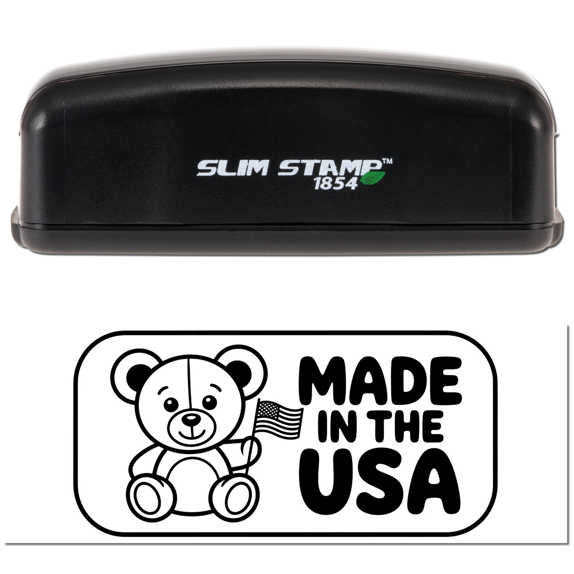 Slim Stamp 1854 rubber stamp with Made in the USA teddy bear design for custom product packaging and patriotic branding.