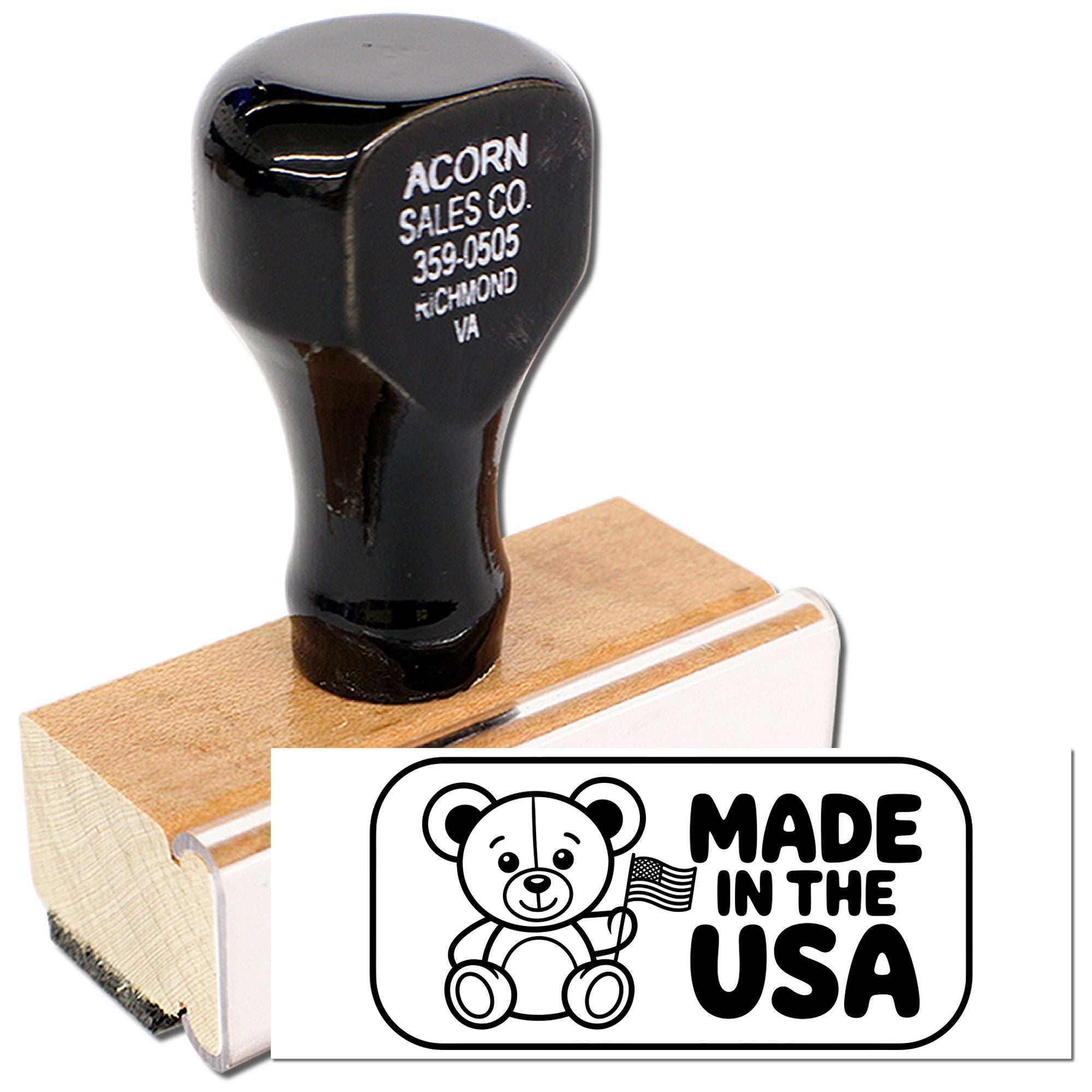 Made in the USA custom rubber stamp with teddy bear logo for packaging, branding, and product marking.