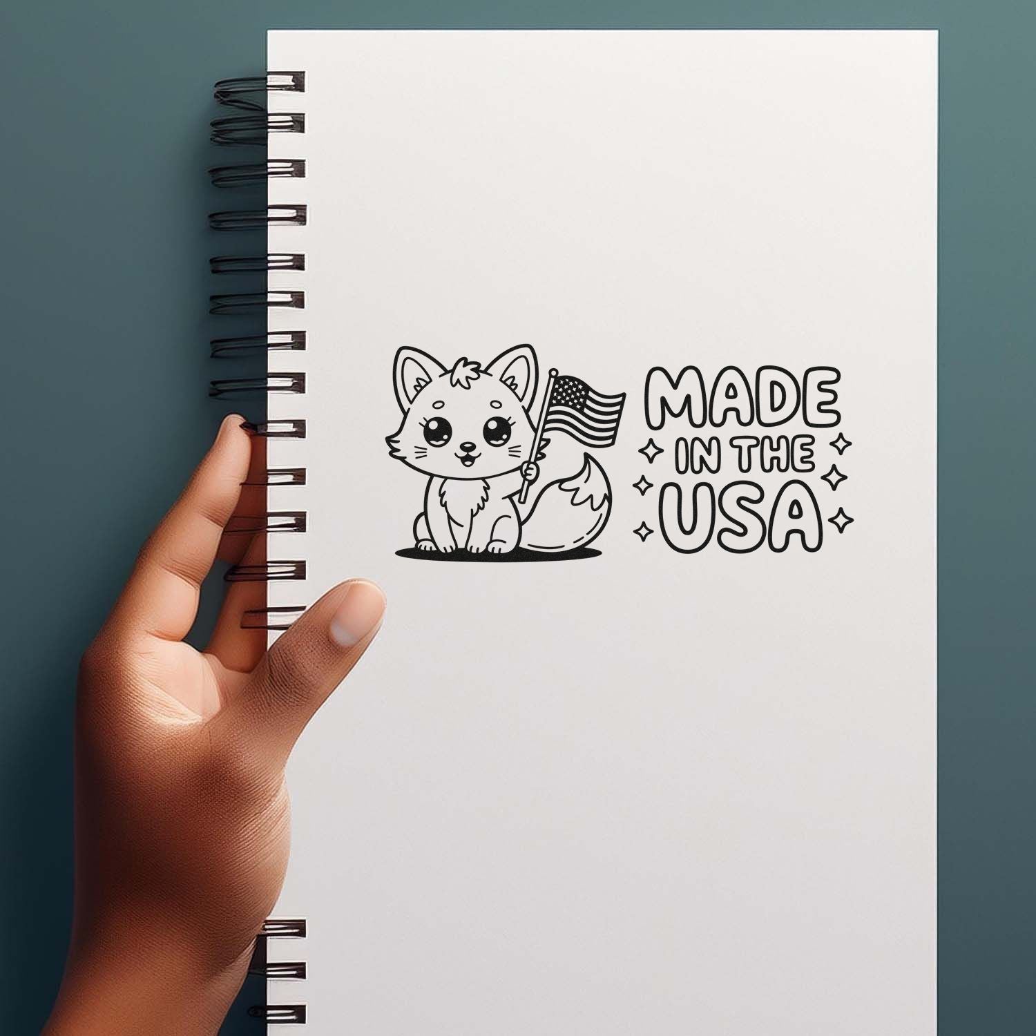 Made in USA fox rubber stamp design on a notebook page, shown in hand for custom branding and patriotic packaging.