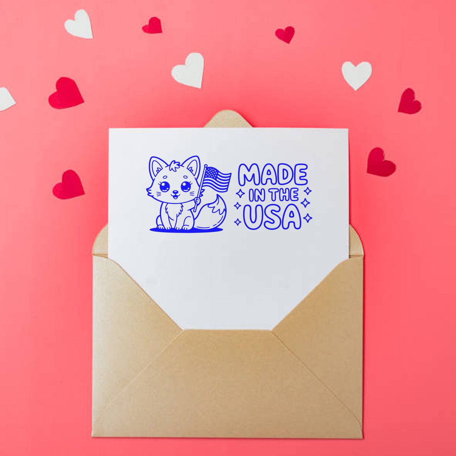 Made in USA rubber stamp design with cute fox and American flag, shown on a greeting card in an envelope.