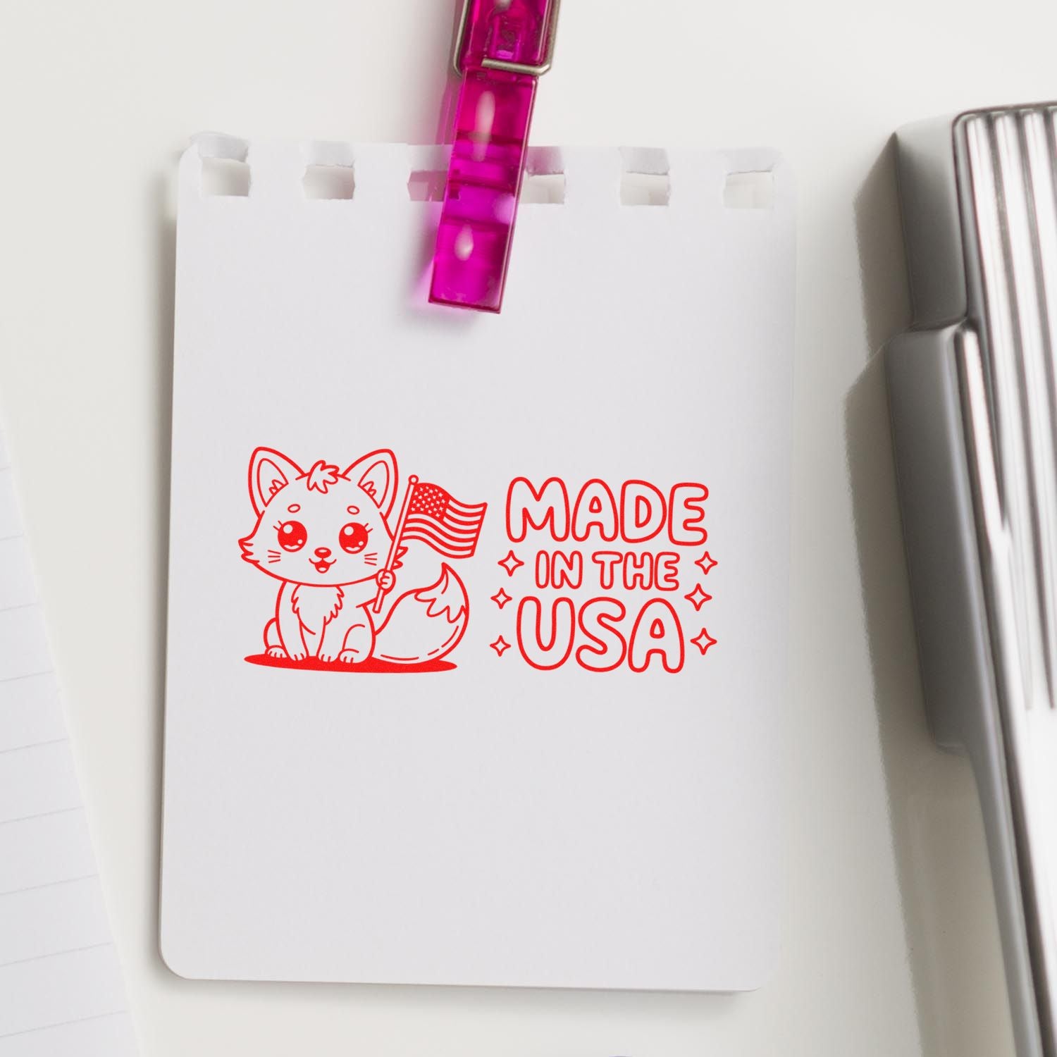Cute fox Made in the USA rubber stamp design with patriotic flag illustration and bold red lettering on a notebook page.