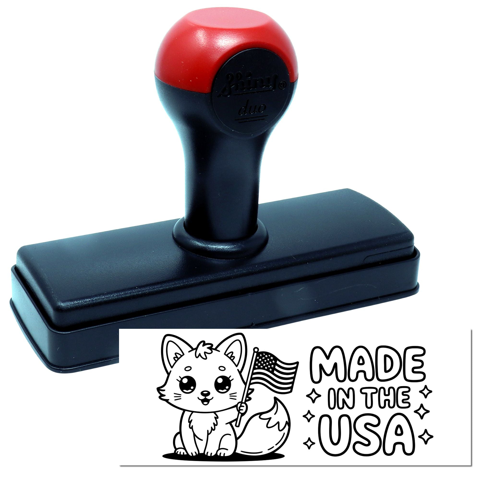 Self-inking rubber stamp with custom fox Made in the USA design for crafting and business branding.