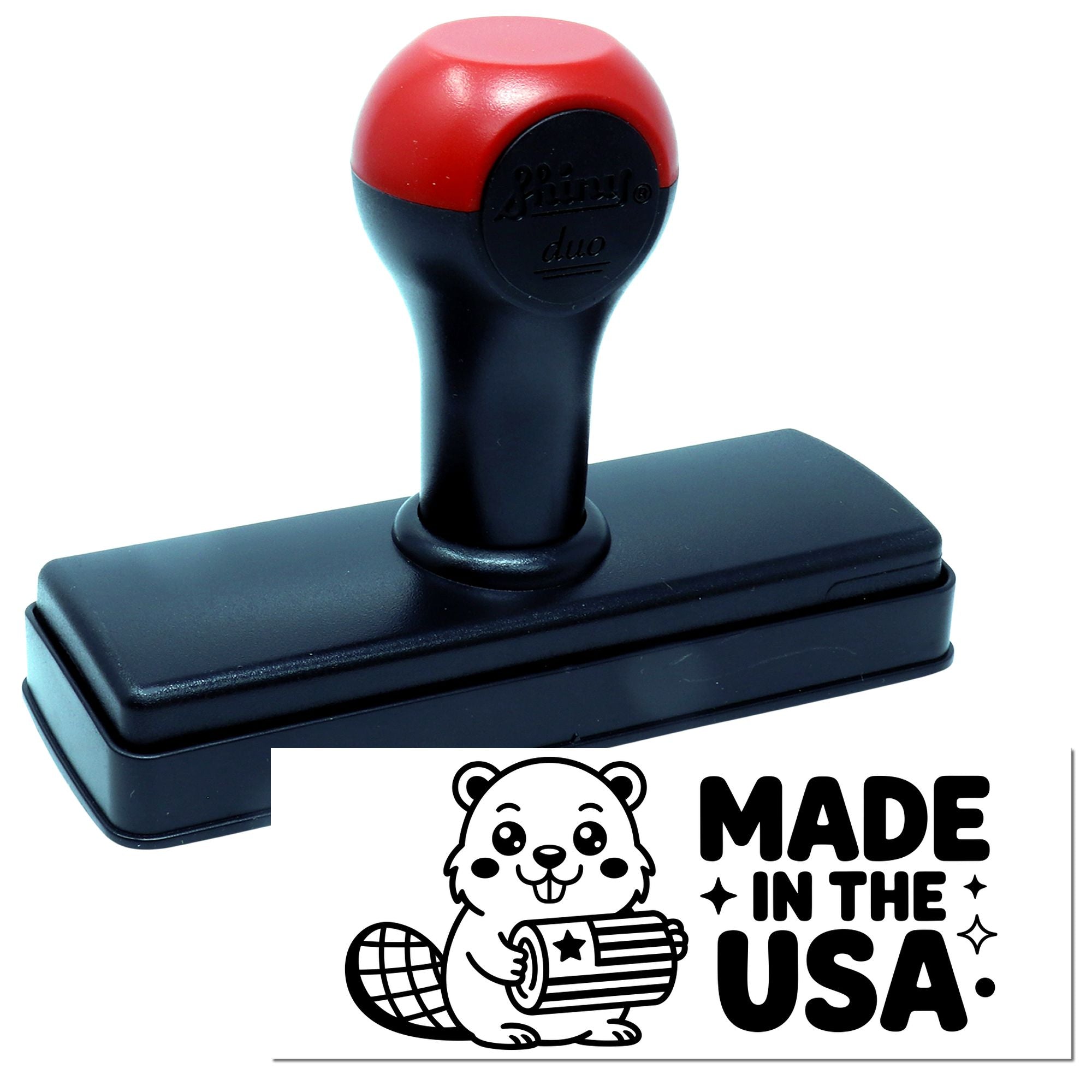 Self-inking rubber stamp with Made in the USA beaver logo for custom branding and product packaging.