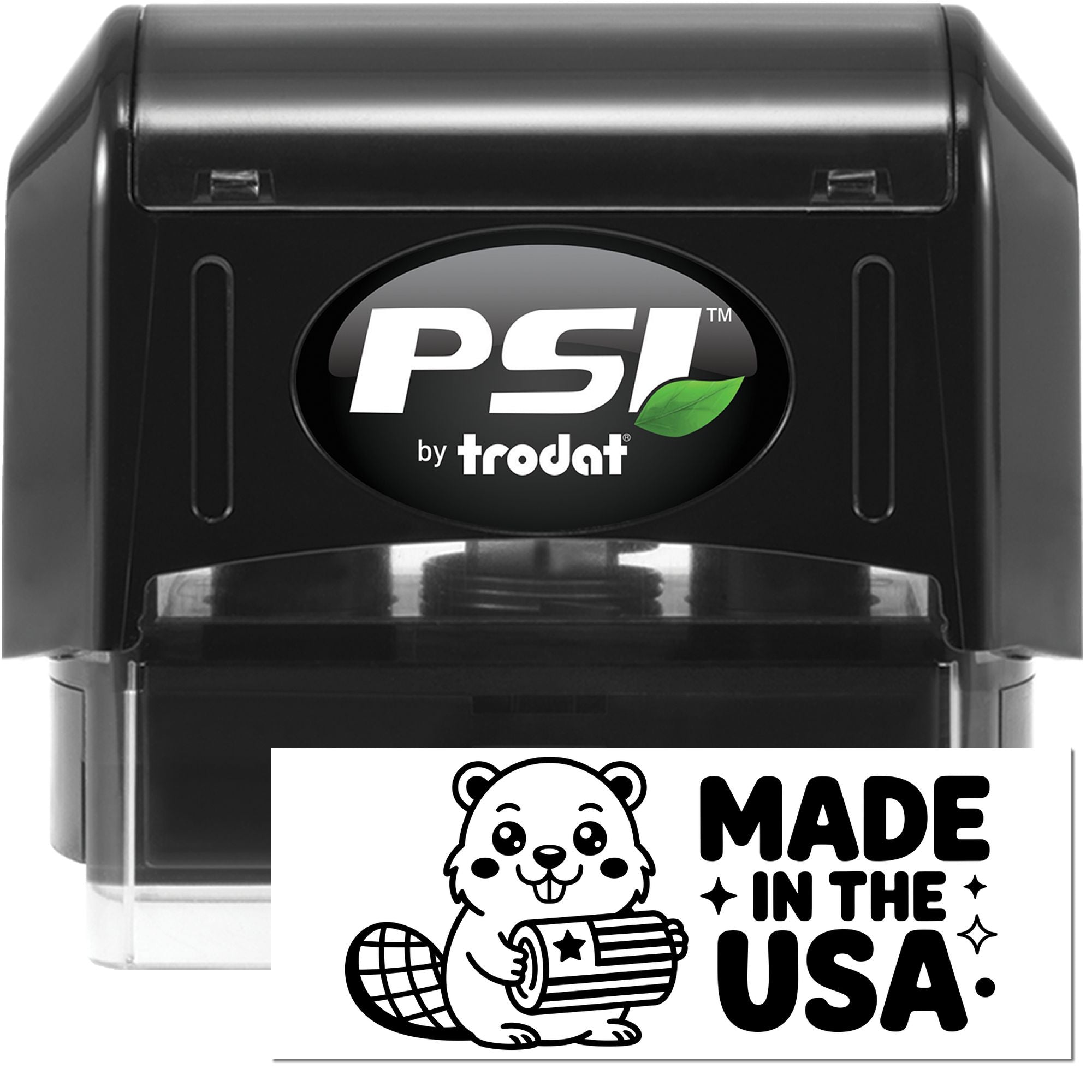PSI by Trodat self-inking rubber stamp with Made in the USA design for custom product and packaging branding.