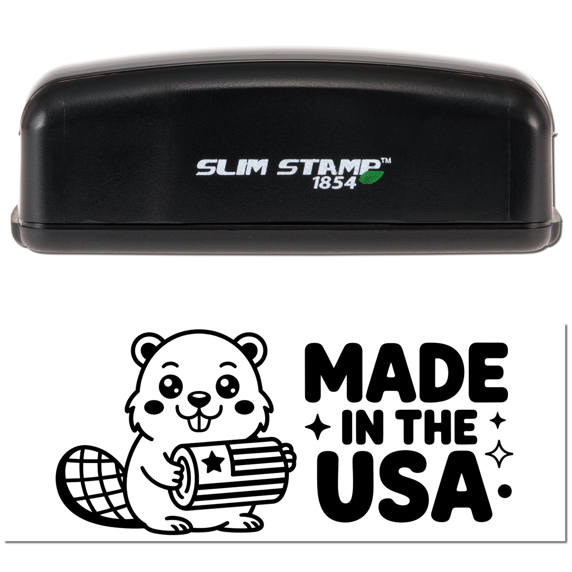Slim Stamp 1854 rubber stamp with beaver and Made in the USA imprint for patriotic packaging and branding.
