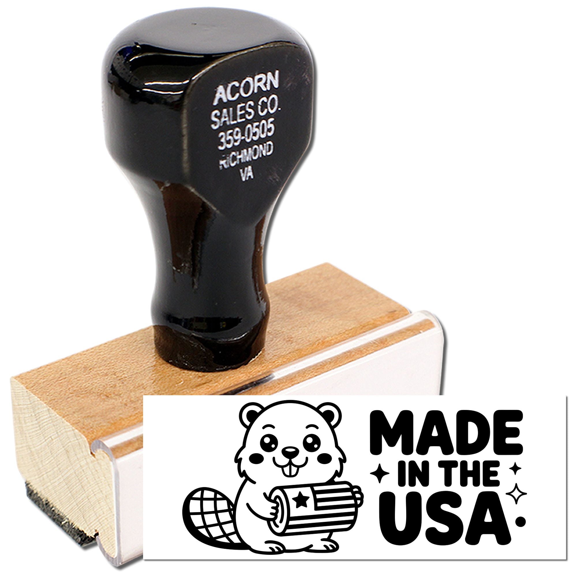 Wooden rubber stamp with Made in the USA design, ideal for branding handmade products and packaging.