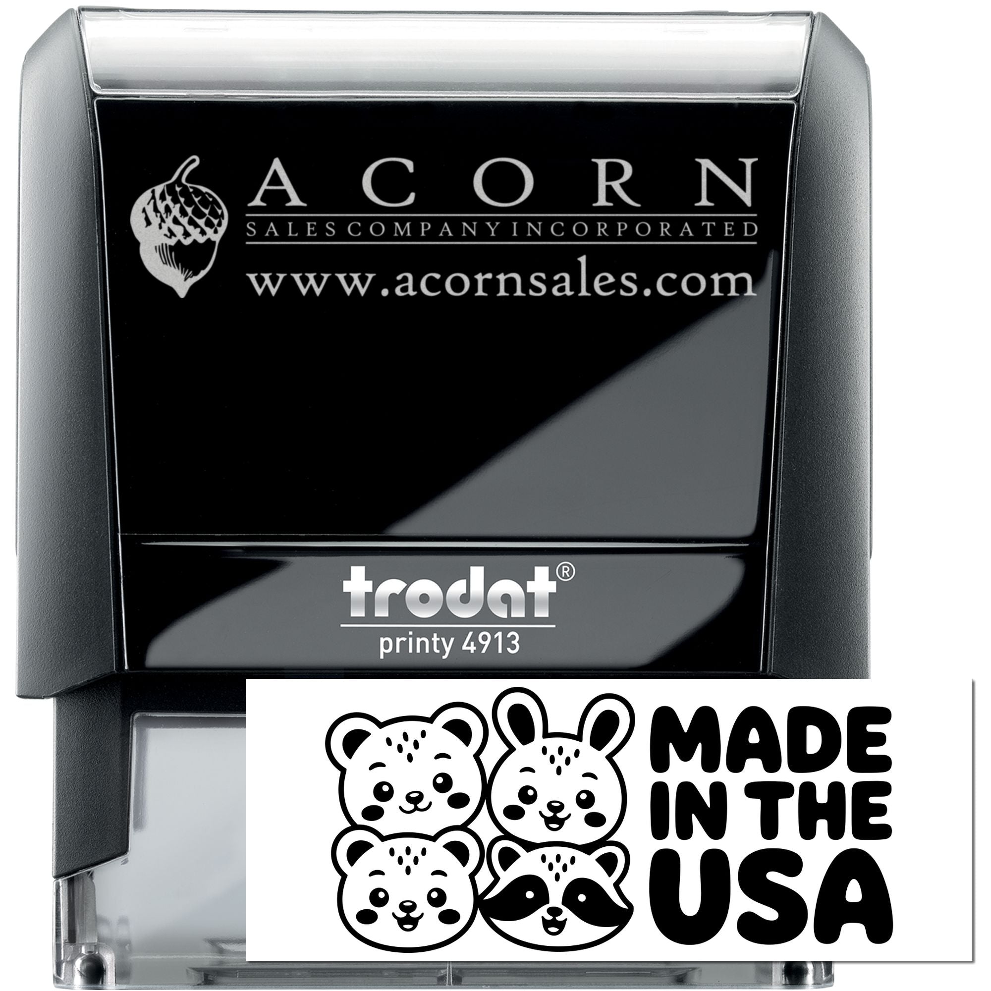 Custom self-inking rubber stamp with Acorn Sales Company logo, website, Trodat Printy 4913, and Made in the USA graphic