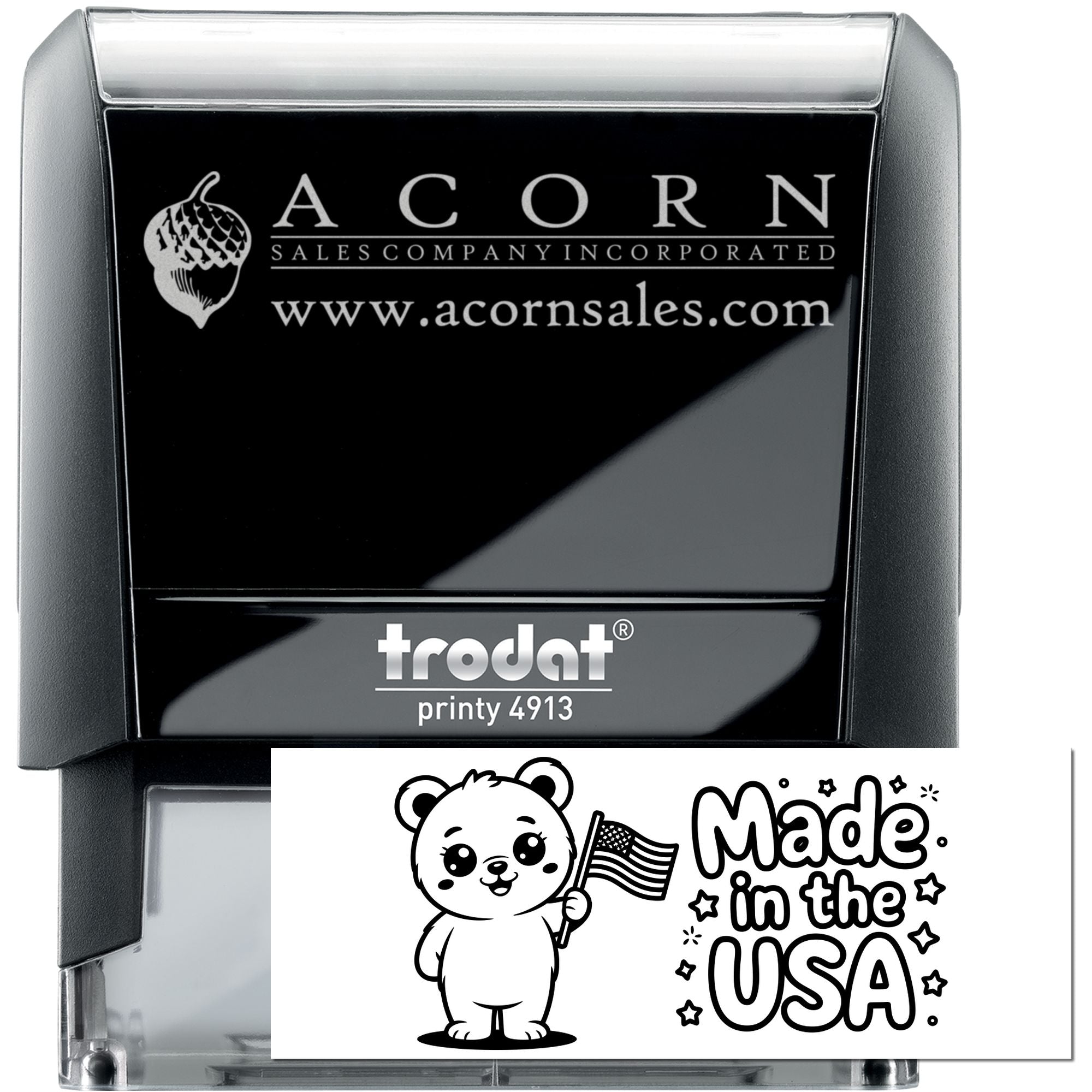 Custom self-inking rubber stamp, Trodat Printy 4913, featuring Acorn Sales logo and Made in the USA design.