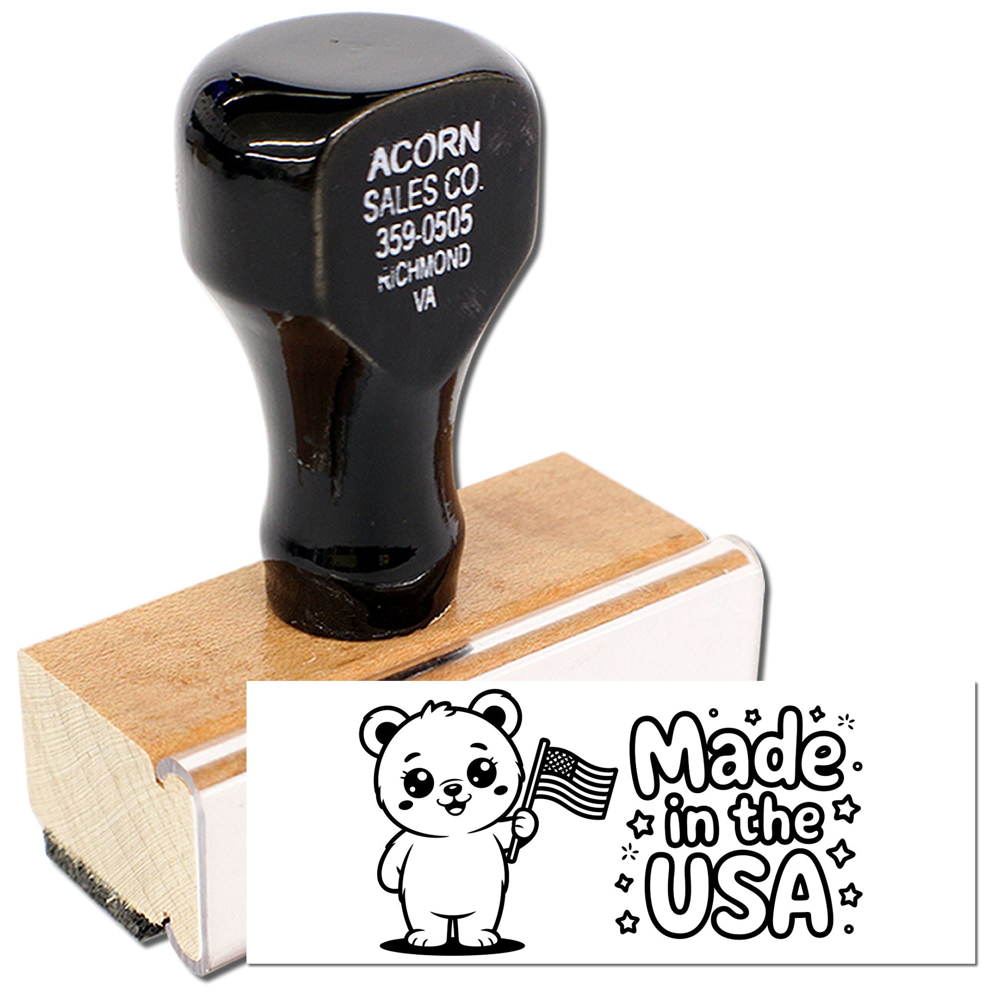 Custom rubber stamp with Made in the USA bear design, ideal for patriotic branding, packaging, and craft projects.