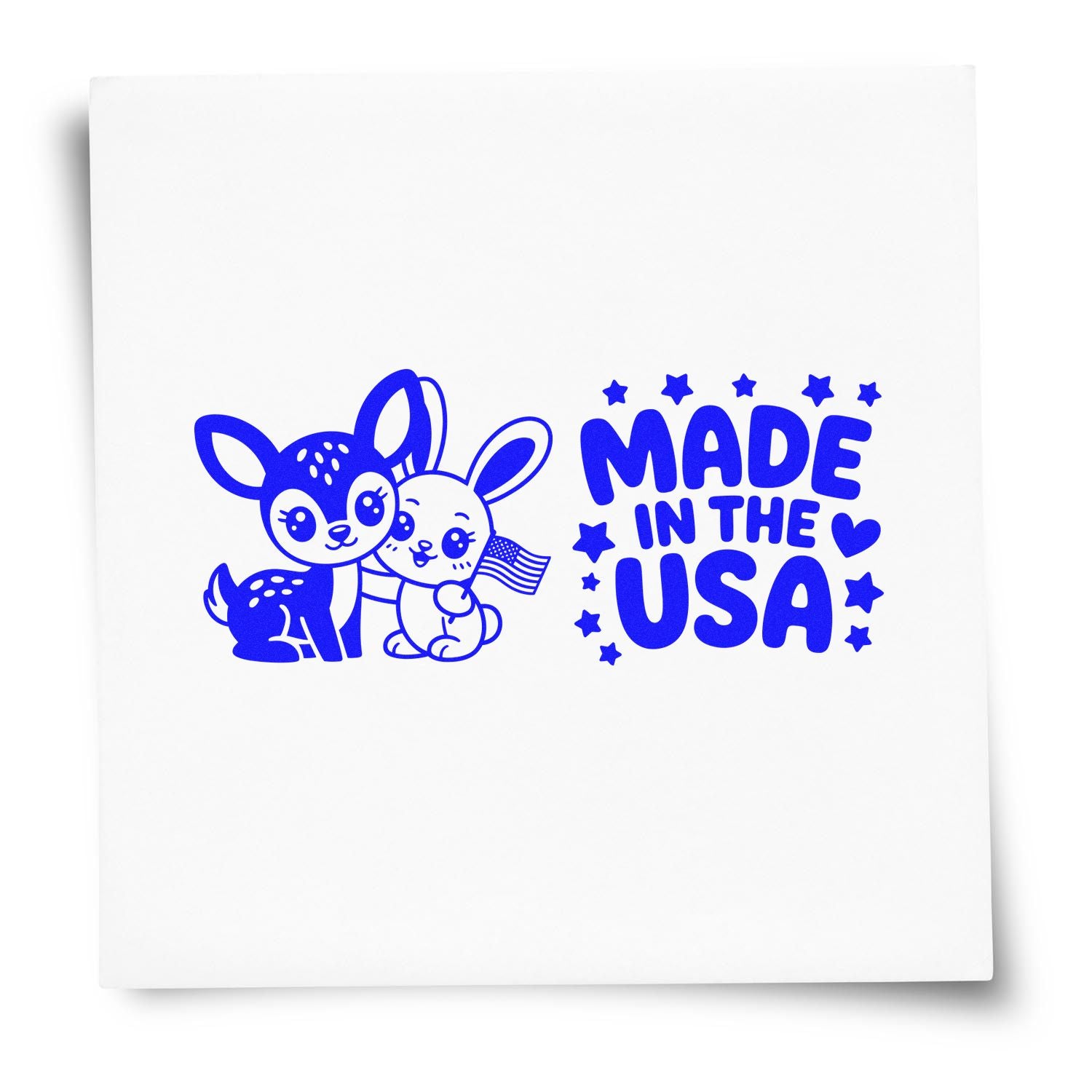Made in the USA rubber stamp design with cute bunnies, stars, and patriotic lettering for custom craft and packaging.