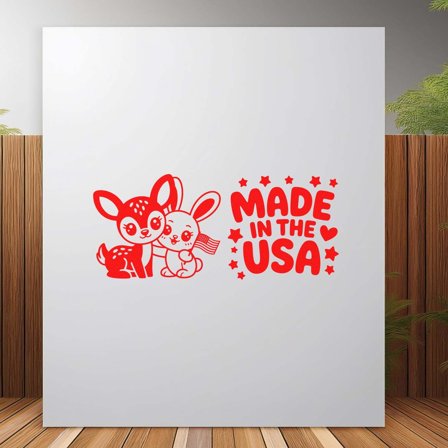 Made in the USA rubber stamp design with cute patriotic animals, perfect for custom crafts, packaging, and handmade product branding