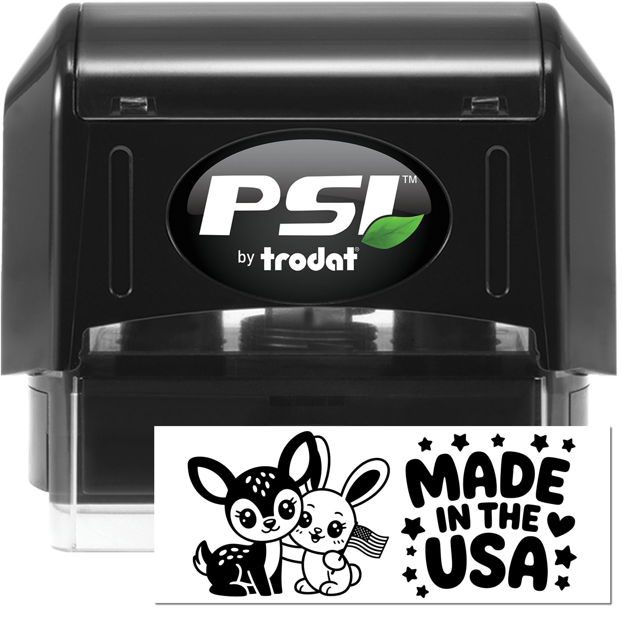 PSI by Trodat self-inking rubber stamp with Made in the USA design for custom craft, packaging, and business use.