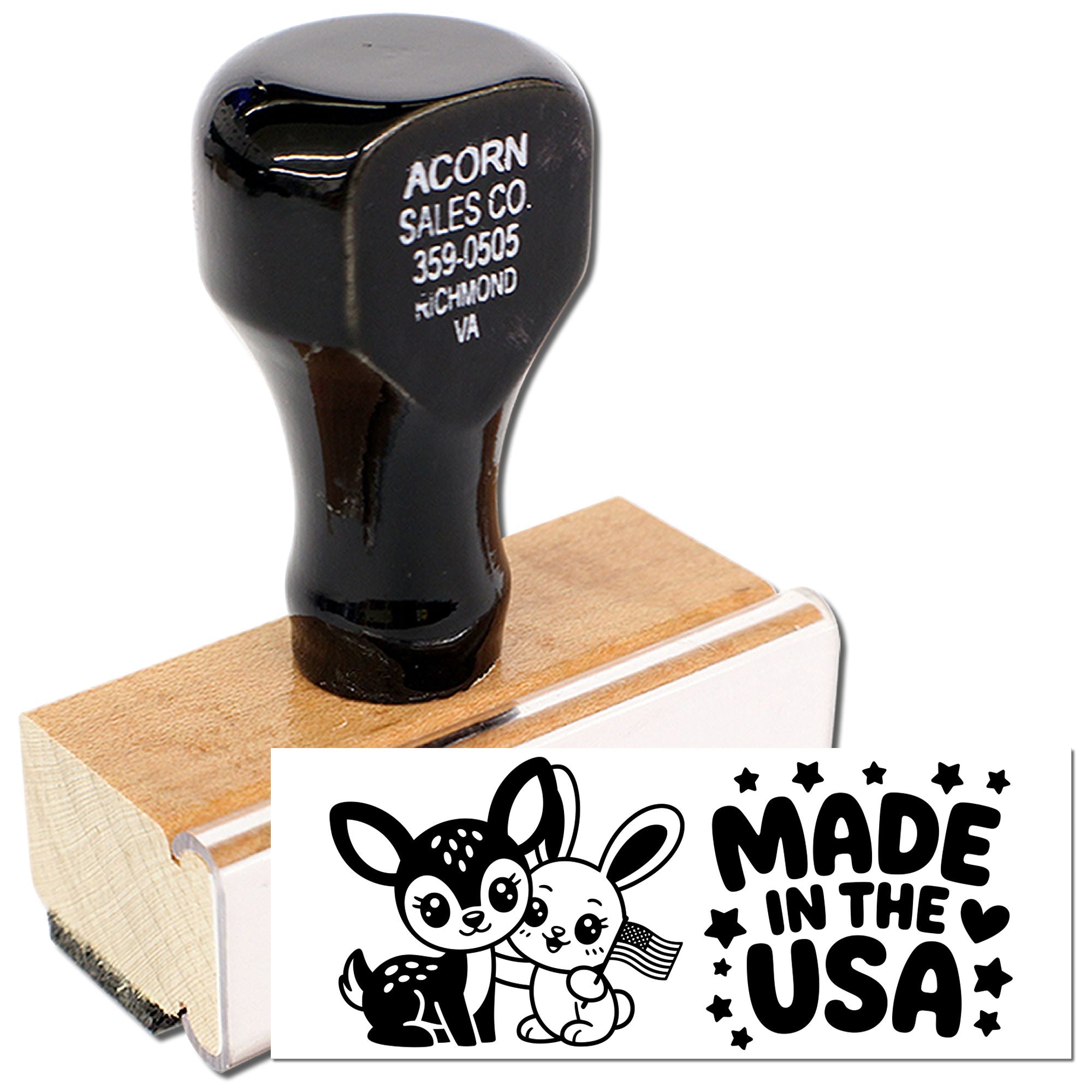 Custom rubber stamp with Made in the USA deer design for branding handmade products and packaging.