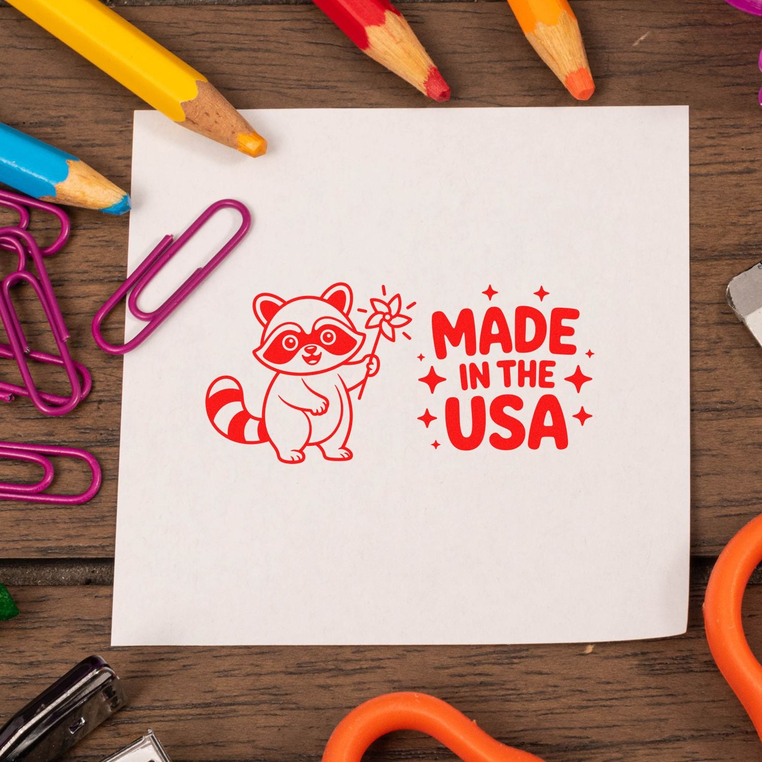 Made in the USA raccoon rubber stamp design on paper, perfect for kids crafts and patriotic handmade products.
