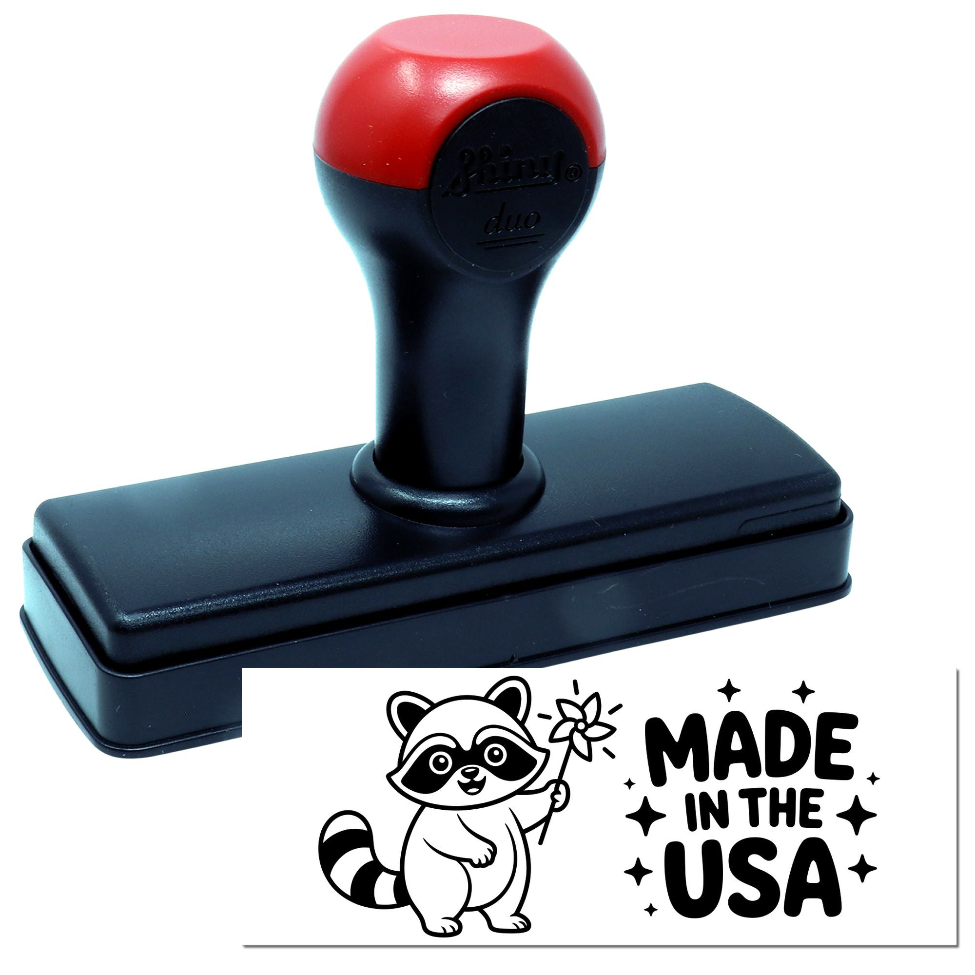 Self-inking rubber stamp with raccoon Made in the USA design for custom business or craft stamping.