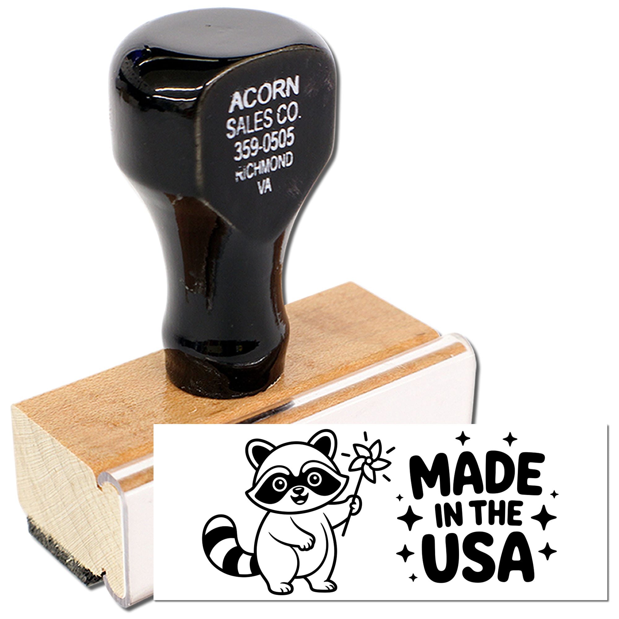 Custom wood rubber stamp with Made in the USA raccoon design for branding handmade products and packaging.