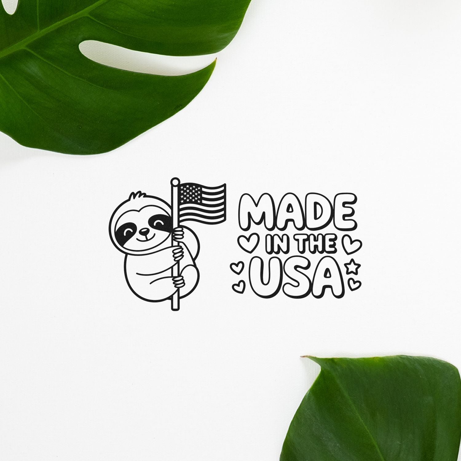 Made in the USA rubber stamp design featuring a sloth holding an American flag.