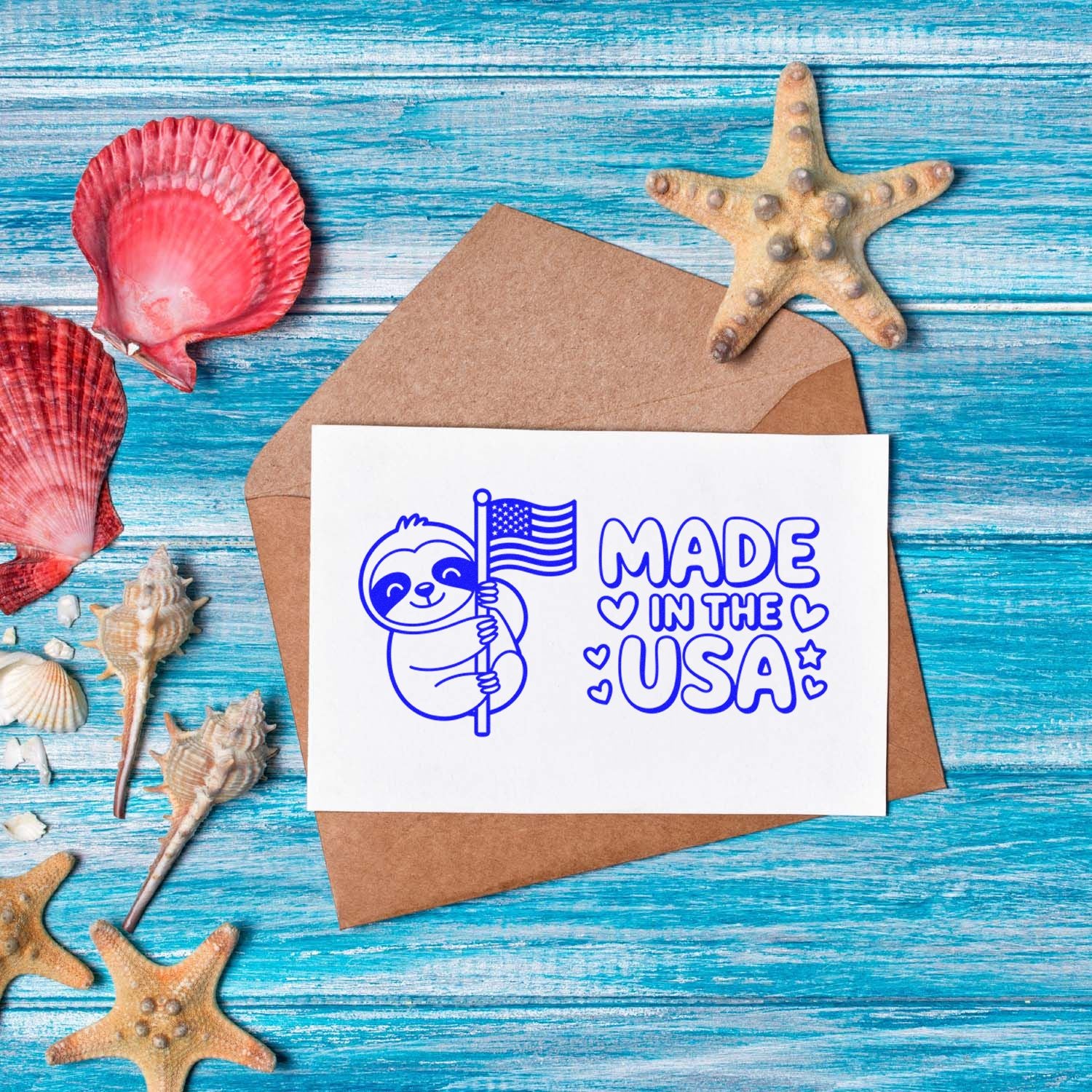 Made in USA rubber stamp design with sloth motif, perfect for handmade cards, packaging, and patriotic craft projects.