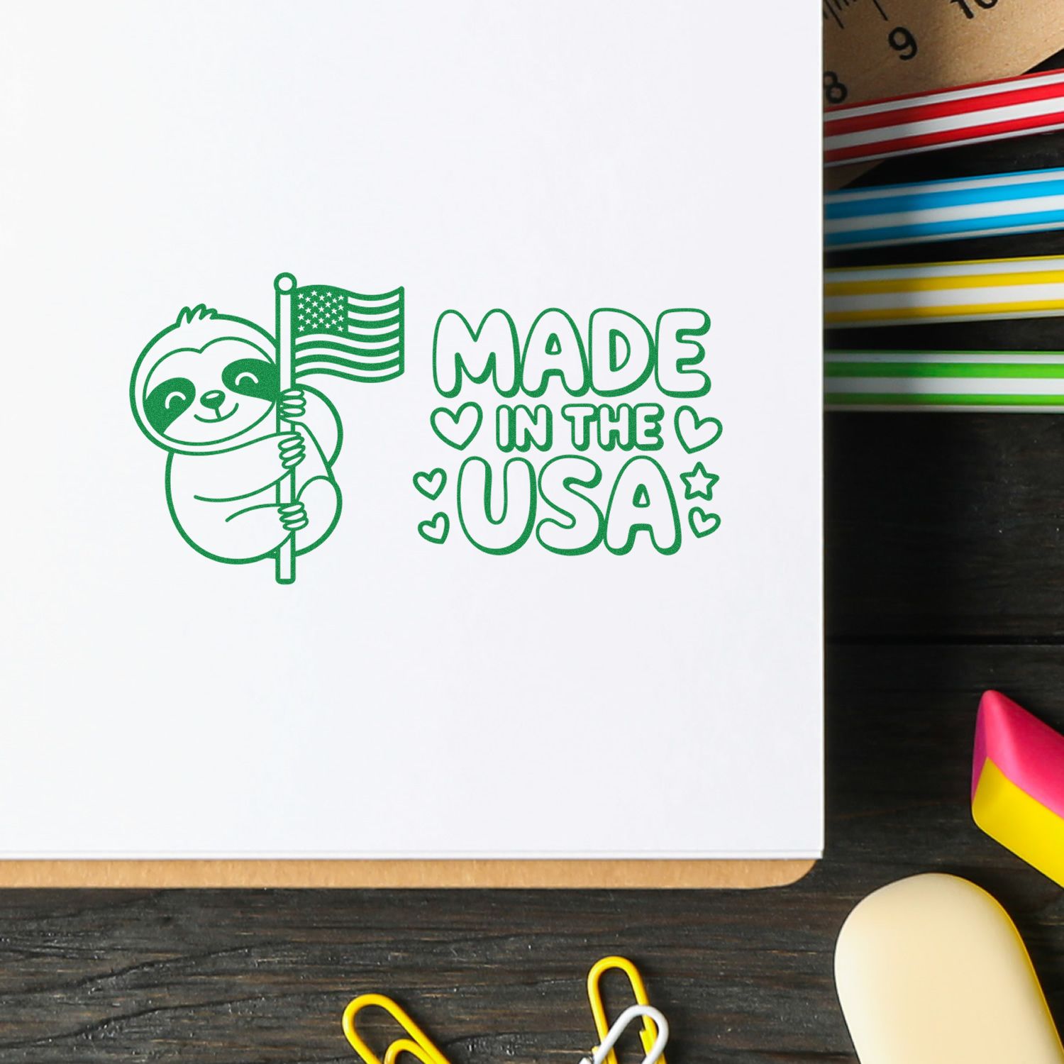 Made in the USA sloth rubber stamp design with American flag, ideal for patriotic handmade crafts and packaging.