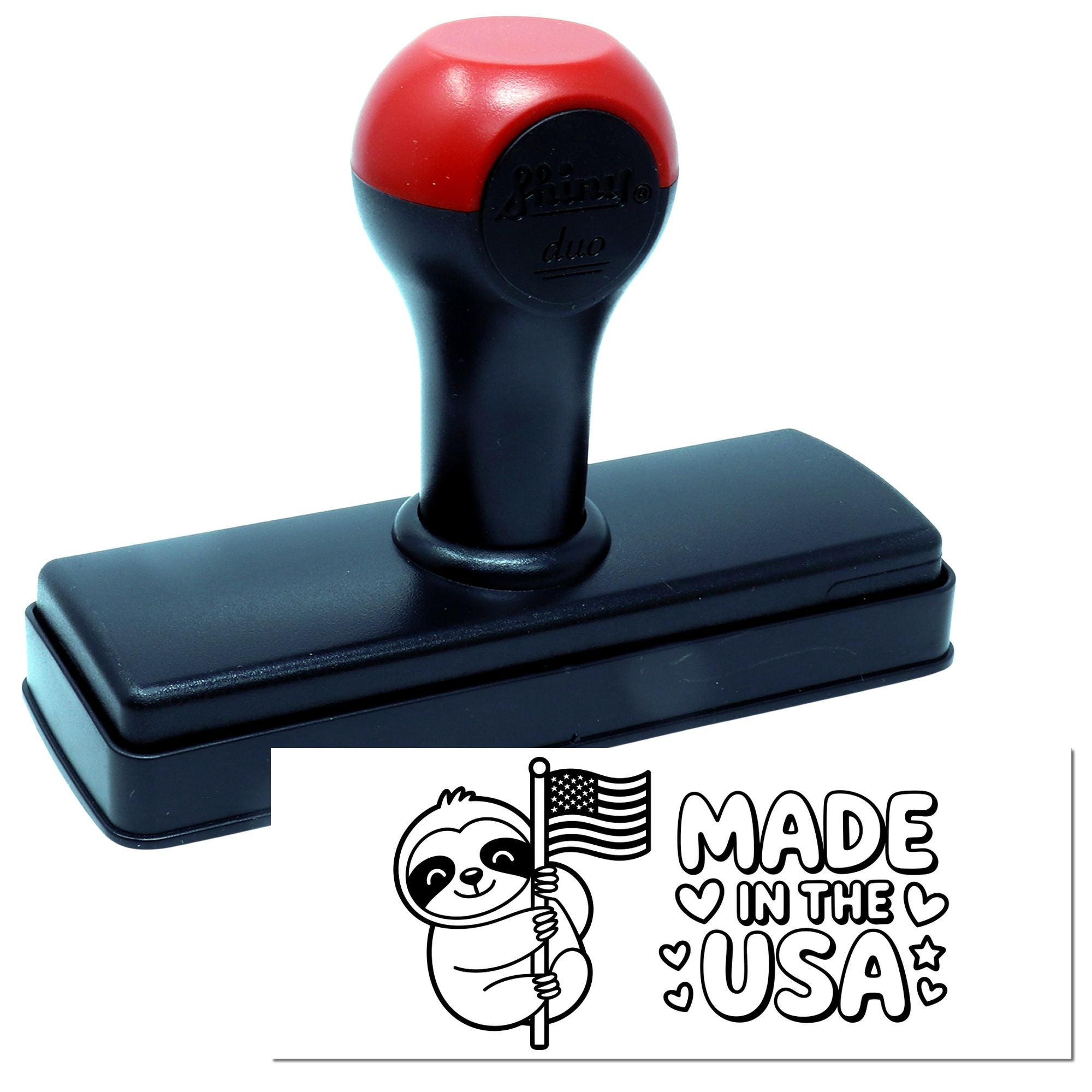 Custom self-inking rubber stamp with Made in the USA sloth design for patriotic crafts, packaging, and branding.