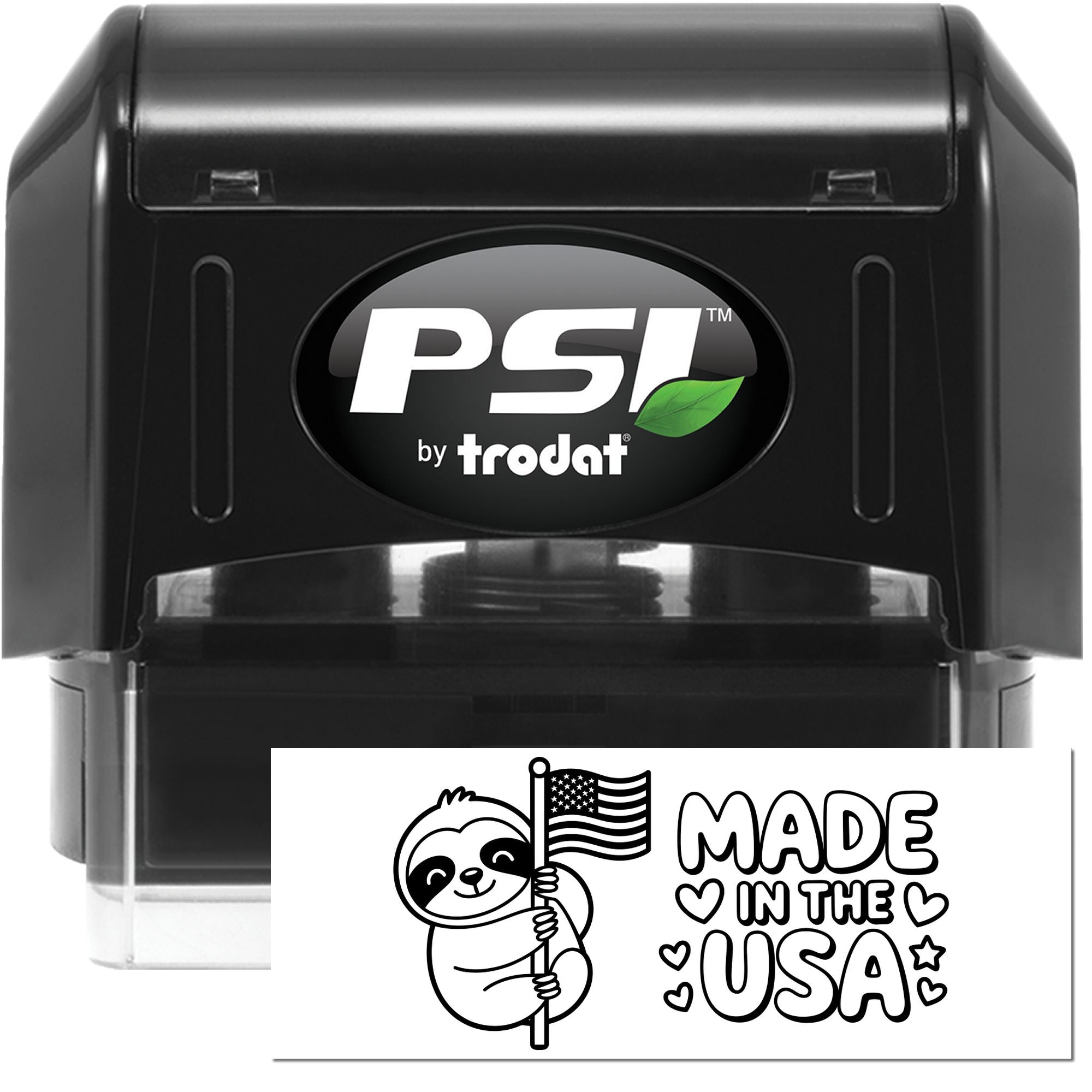 PSI by Trodat self-inking rubber stamp with Made in the USA sloth design for custom patriotic stamping.