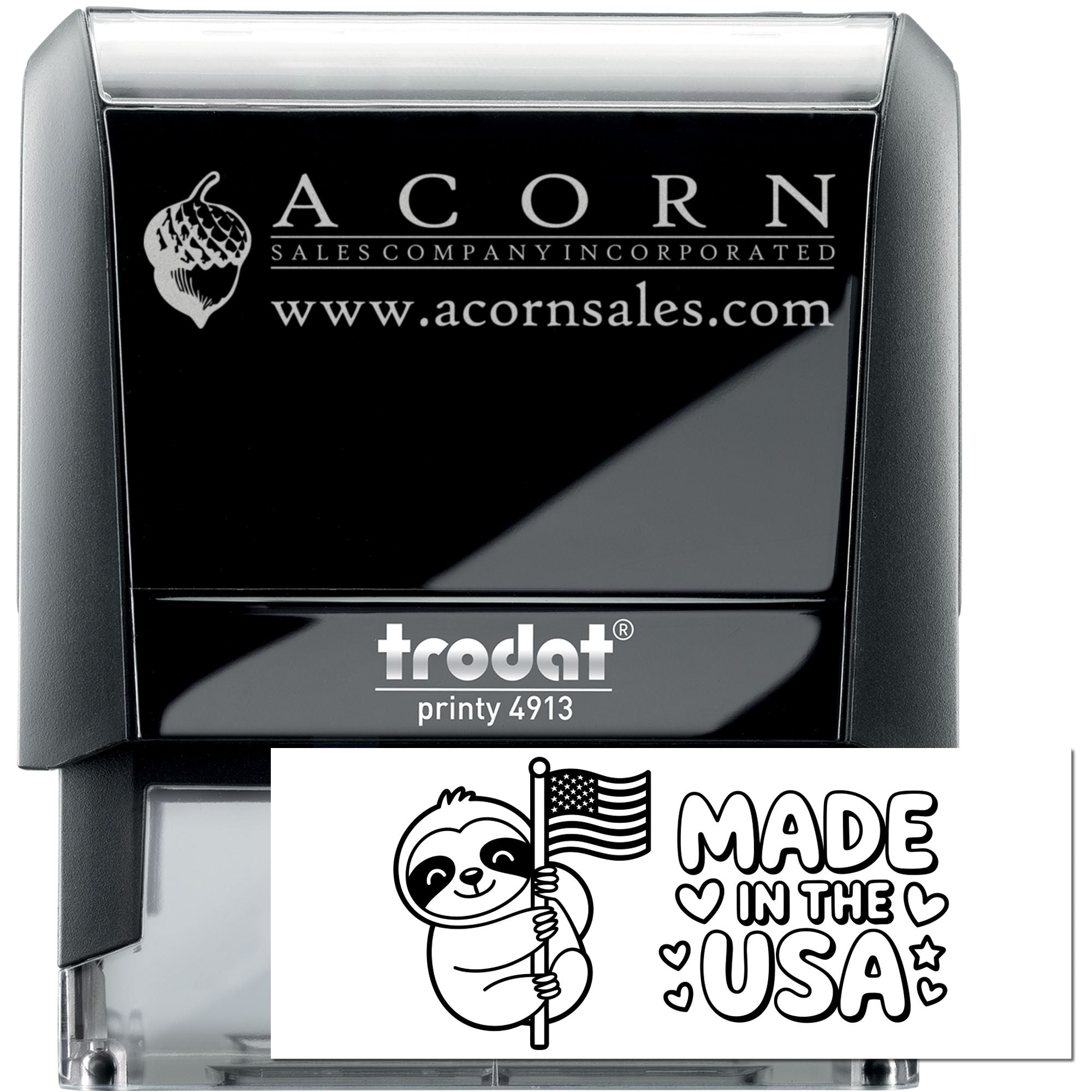 Custom self-inking rubber stamp, Trodat Printy 4913, featuring Acorn Sales logo and Made in the USA sloth design