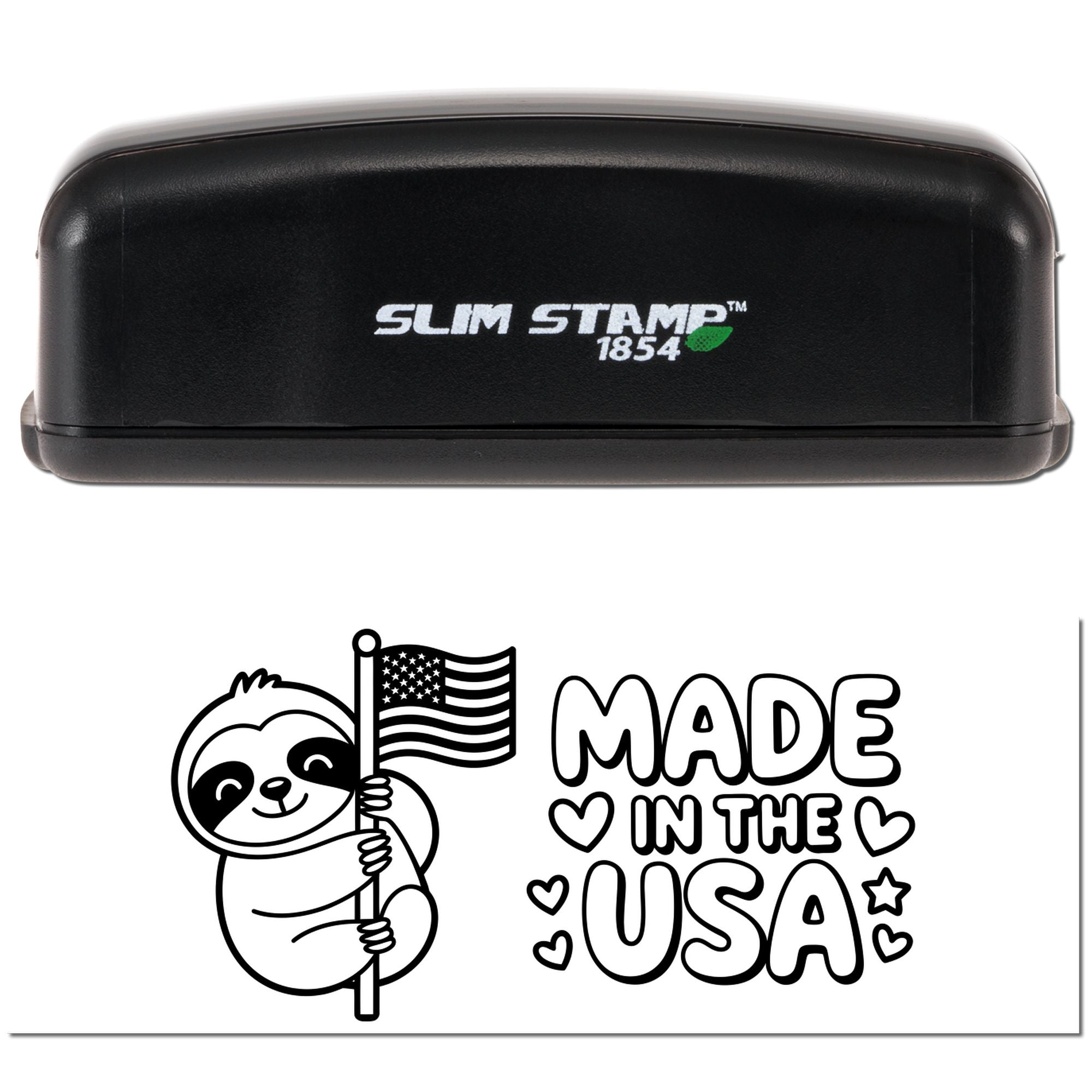Slim Stamp 1854 rubber stamp with Made in the USA sloth design, perfect for custom patriotic craft stamping.