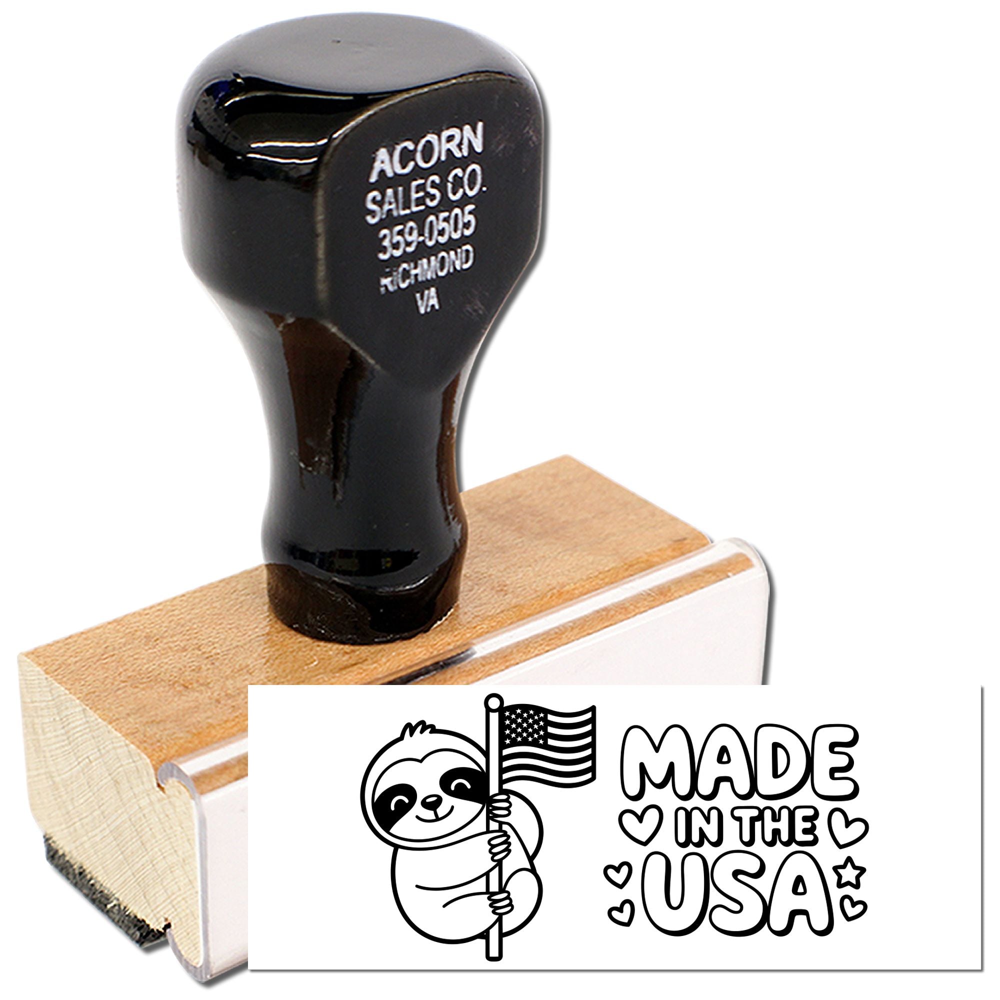 Custom rubber stamp with Made in the USA sloth design, ideal for patriotic branding, packaging, and business use.