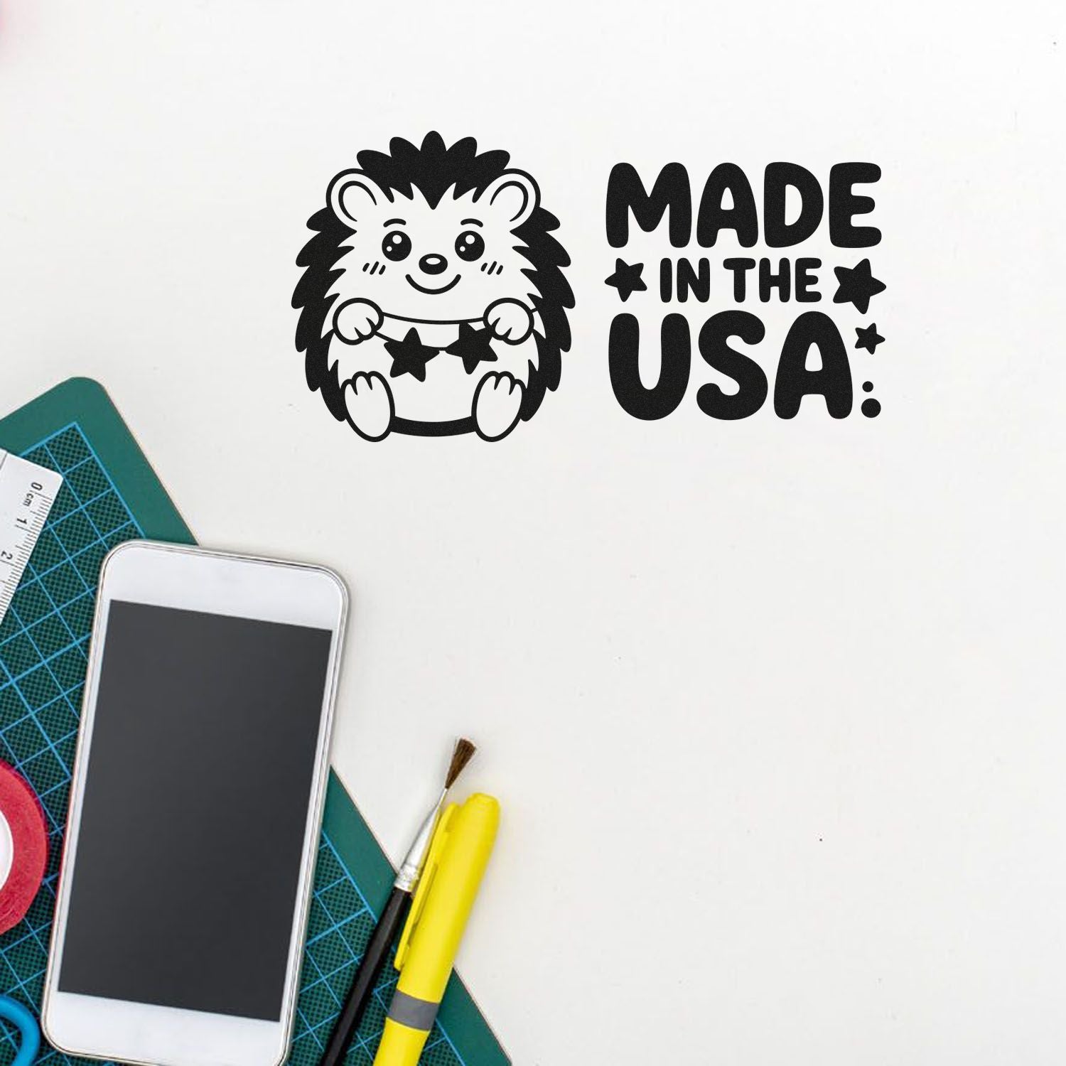 Made in the USA rubber stamp design with cute hedgehog, ideal for patriotic handmade crafts and custom packaging.