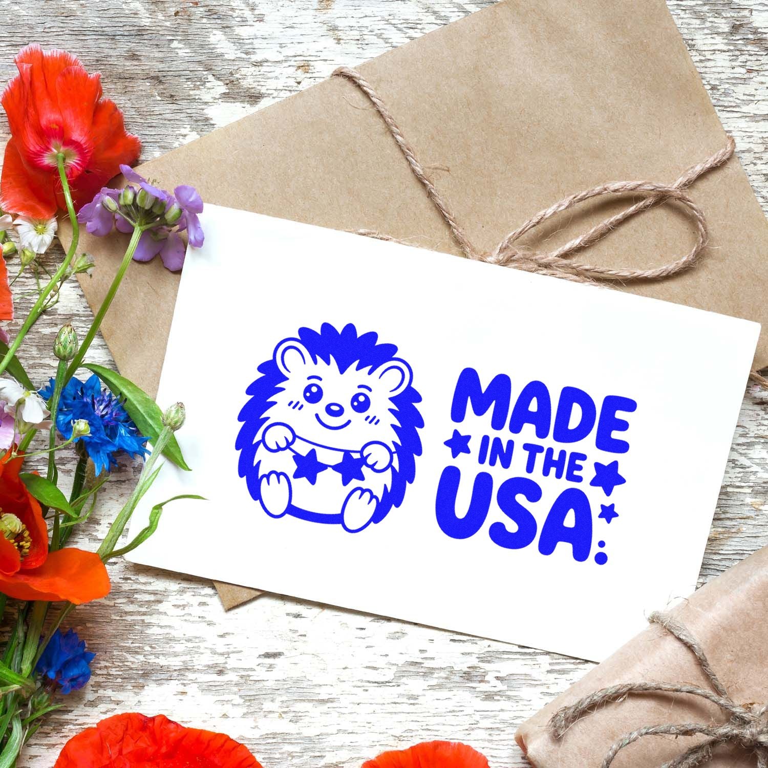 Made in USA hedgehog rubber stamp for handmade packaging, gift tags, and patriotic craft branding.