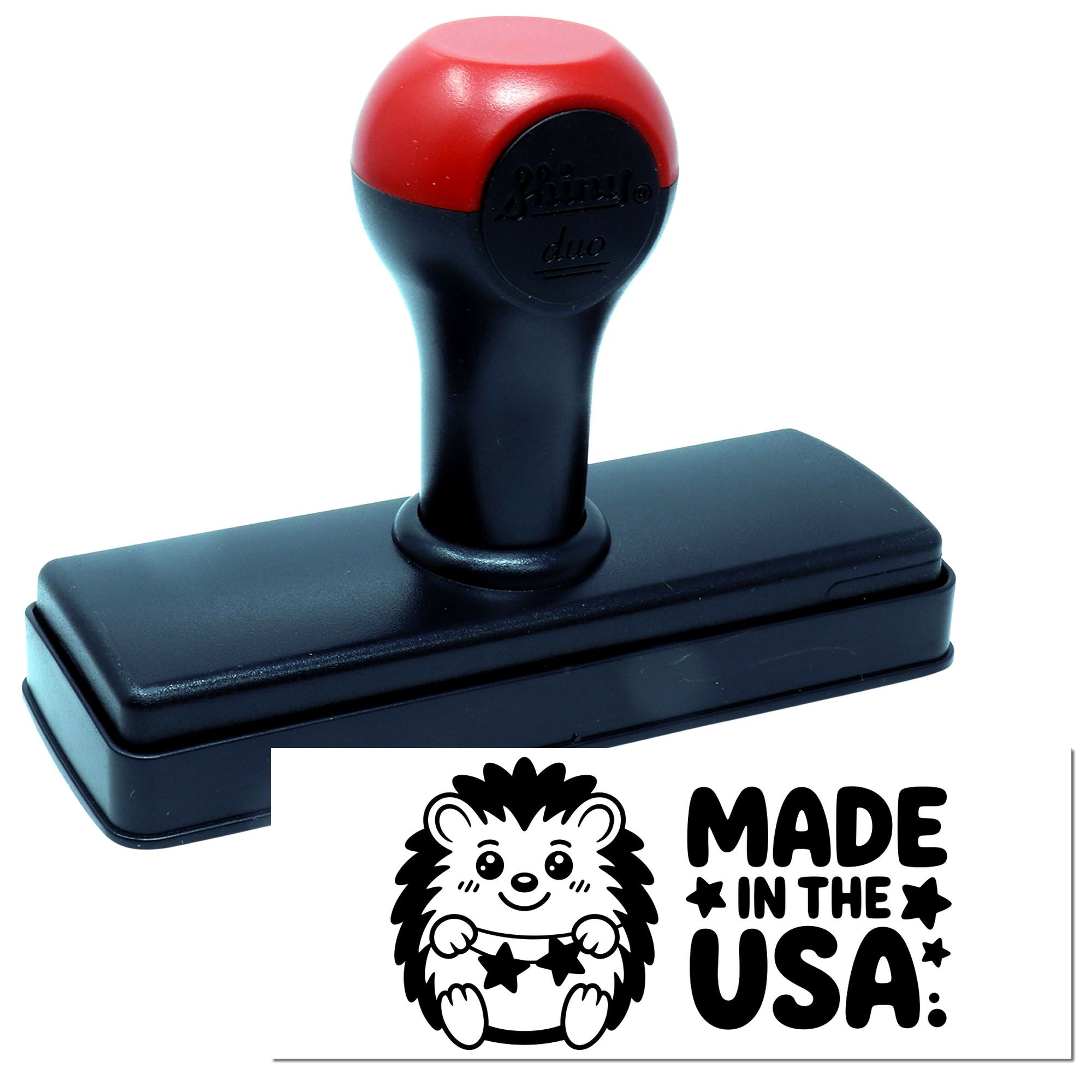 Self-inking rubber stamp with hedgehog design and Made in the USA imprint sample for custom stamping.