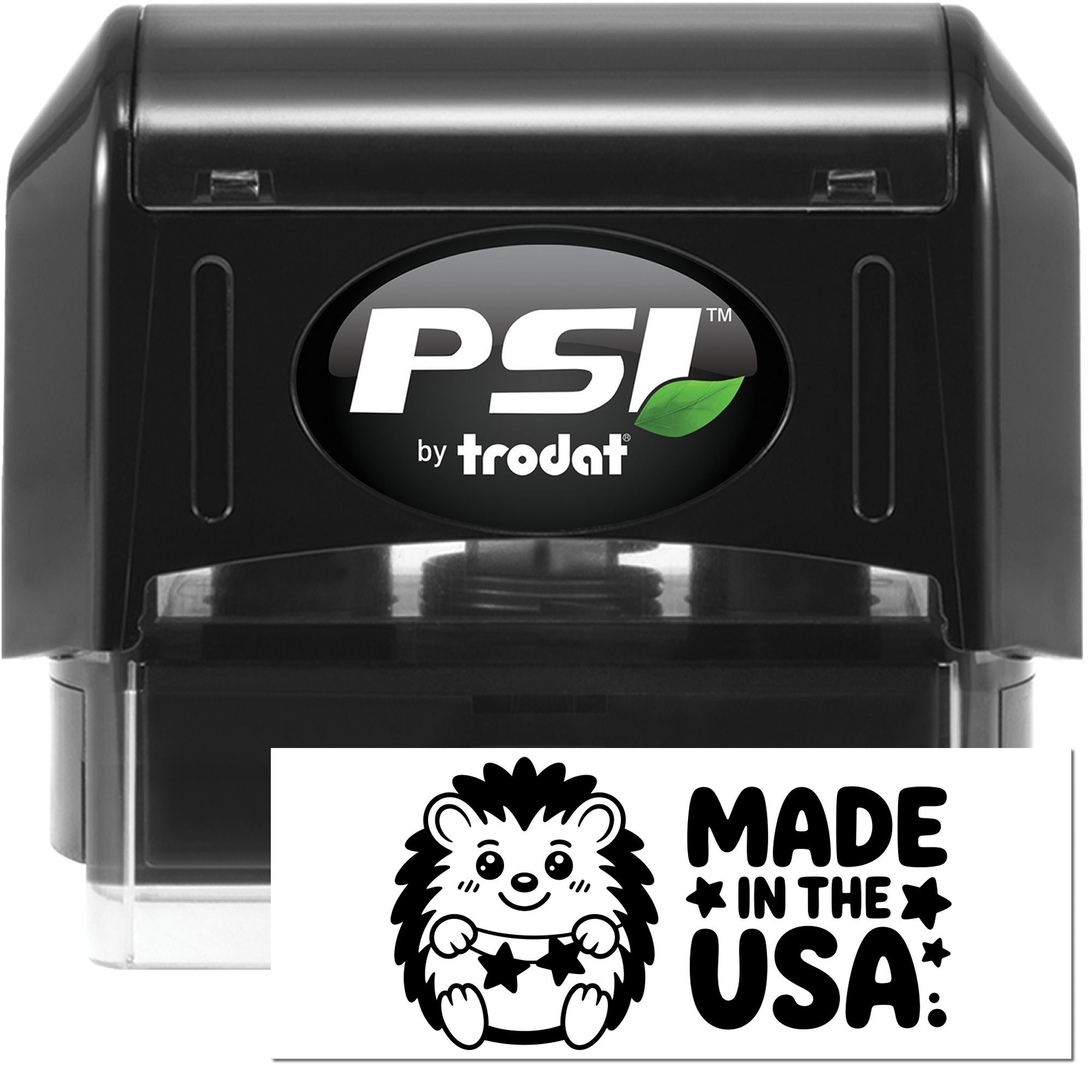 PSI by Trodat self-inking rubber stamp with custom Made in the USA hedgehog design for business packaging and labels.