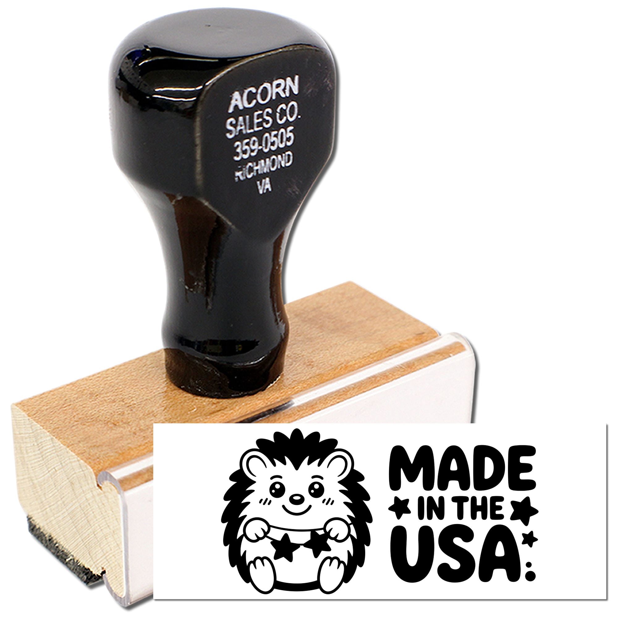 Custom rubber stamp with wood handle, Acorn Sales Co. address imprint, and Made in the USA hedgehog logo