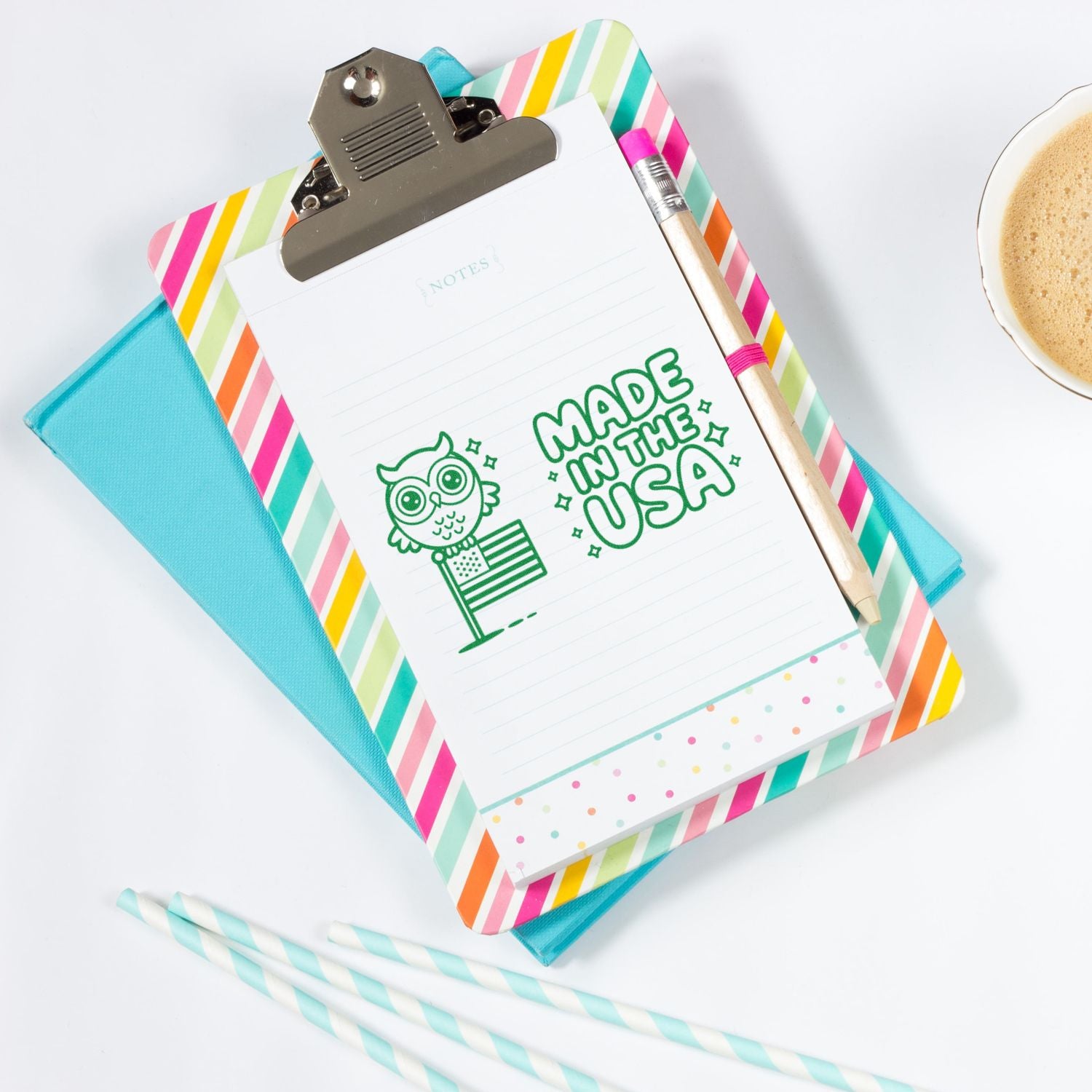 Made in the USA owl rubber stamp impression on notepad, styled on colorful clipboard for patriotic stationery and craft projects