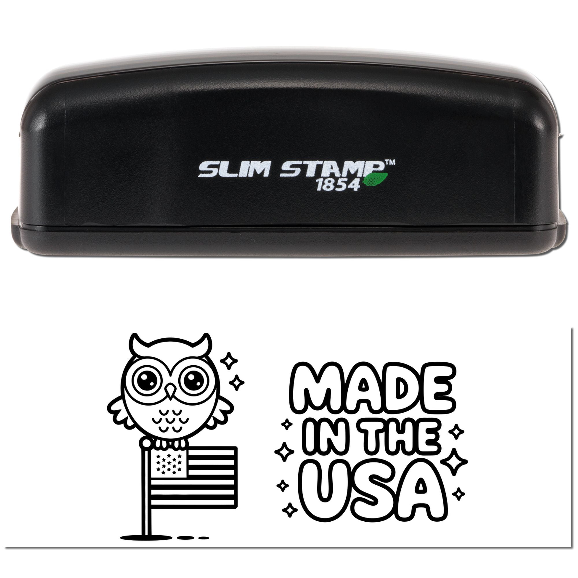 Slim Stamp 1854 self-inking rubber stamp with owl and American flag design reading Made in the USA.