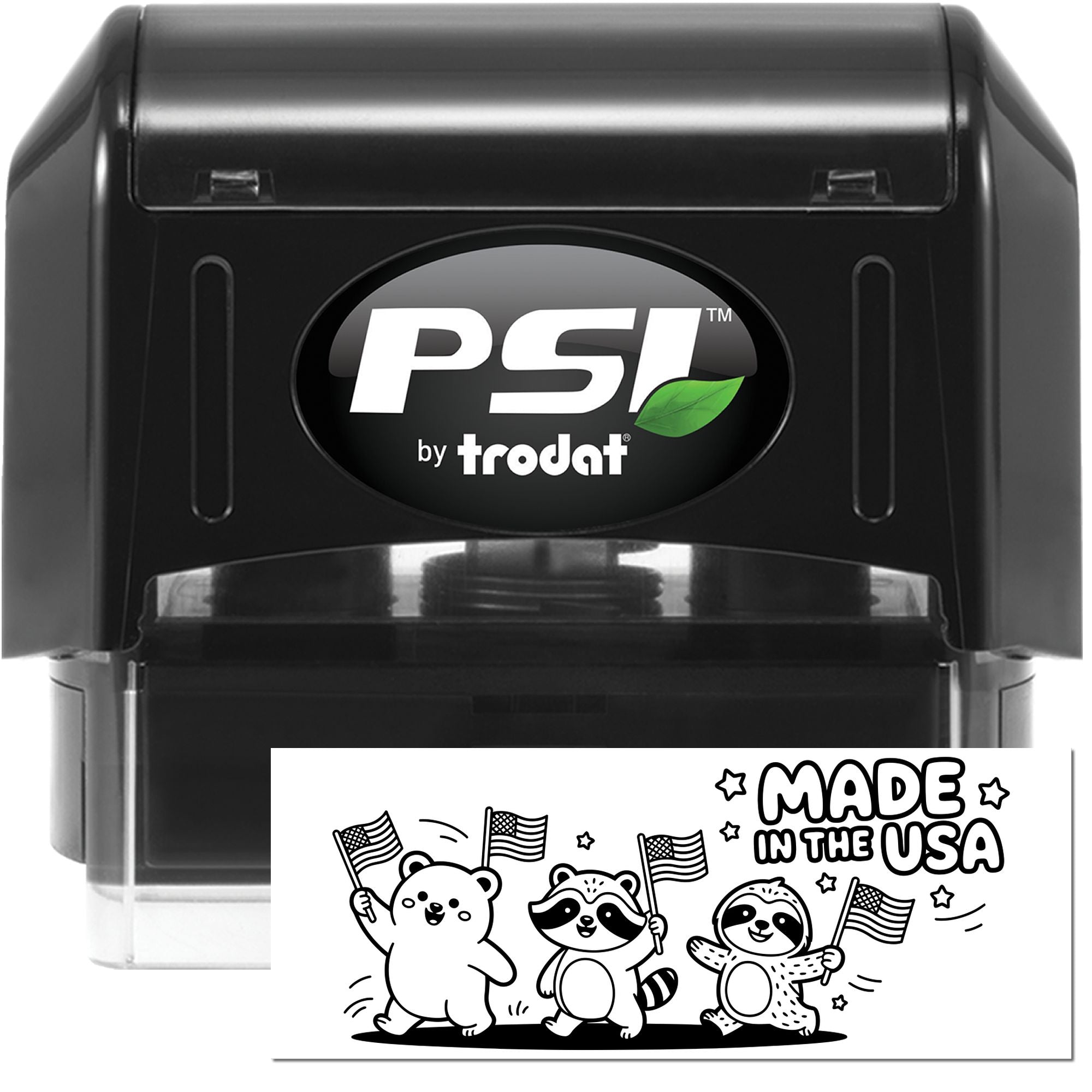 PSI by Trodat self-inking rubber stamp with custom Made in the USA patriotic design imprint.