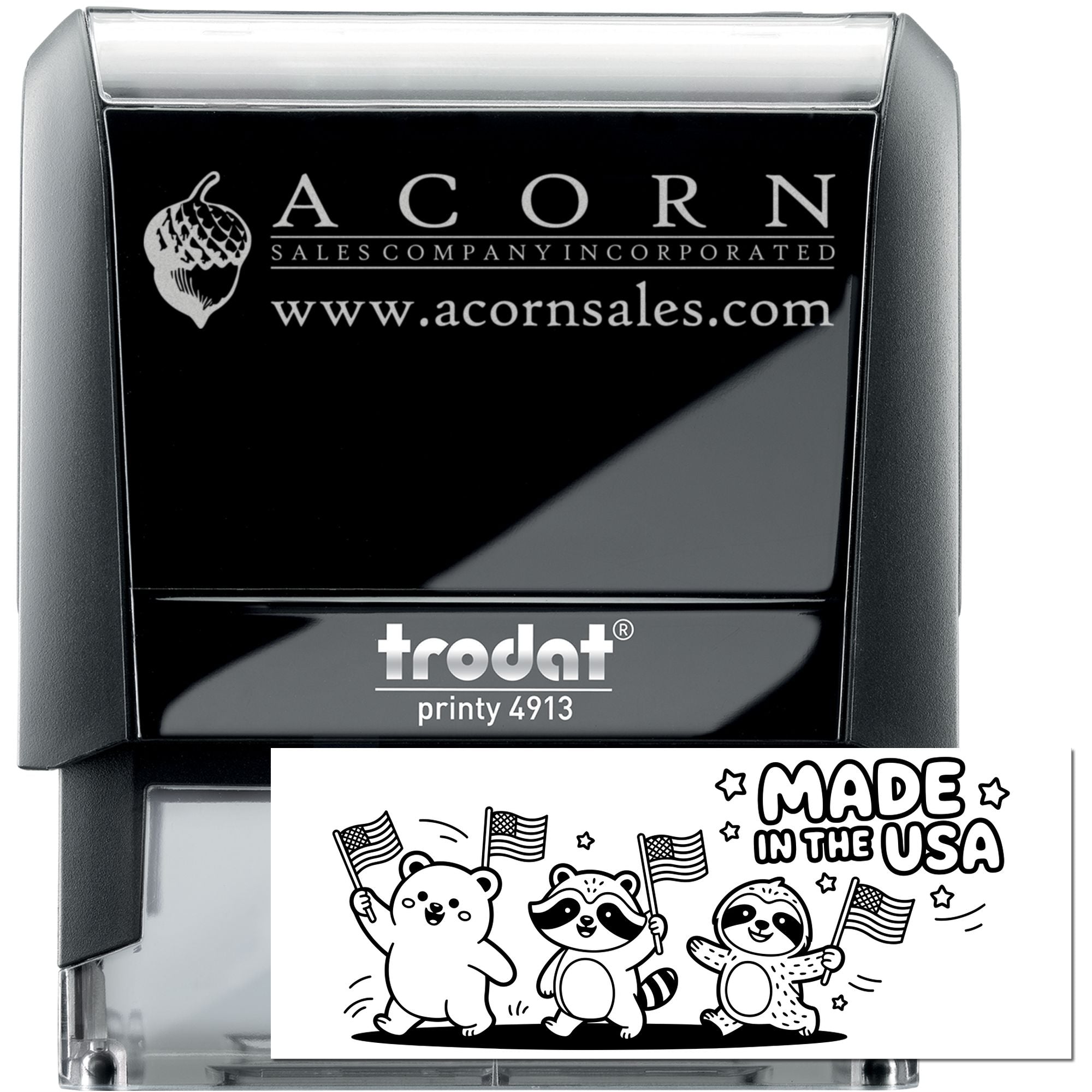 Custom Trodat Printy 4913 self-inking rubber stamp with Acorn Sales logo and Made in the USA imprint example
