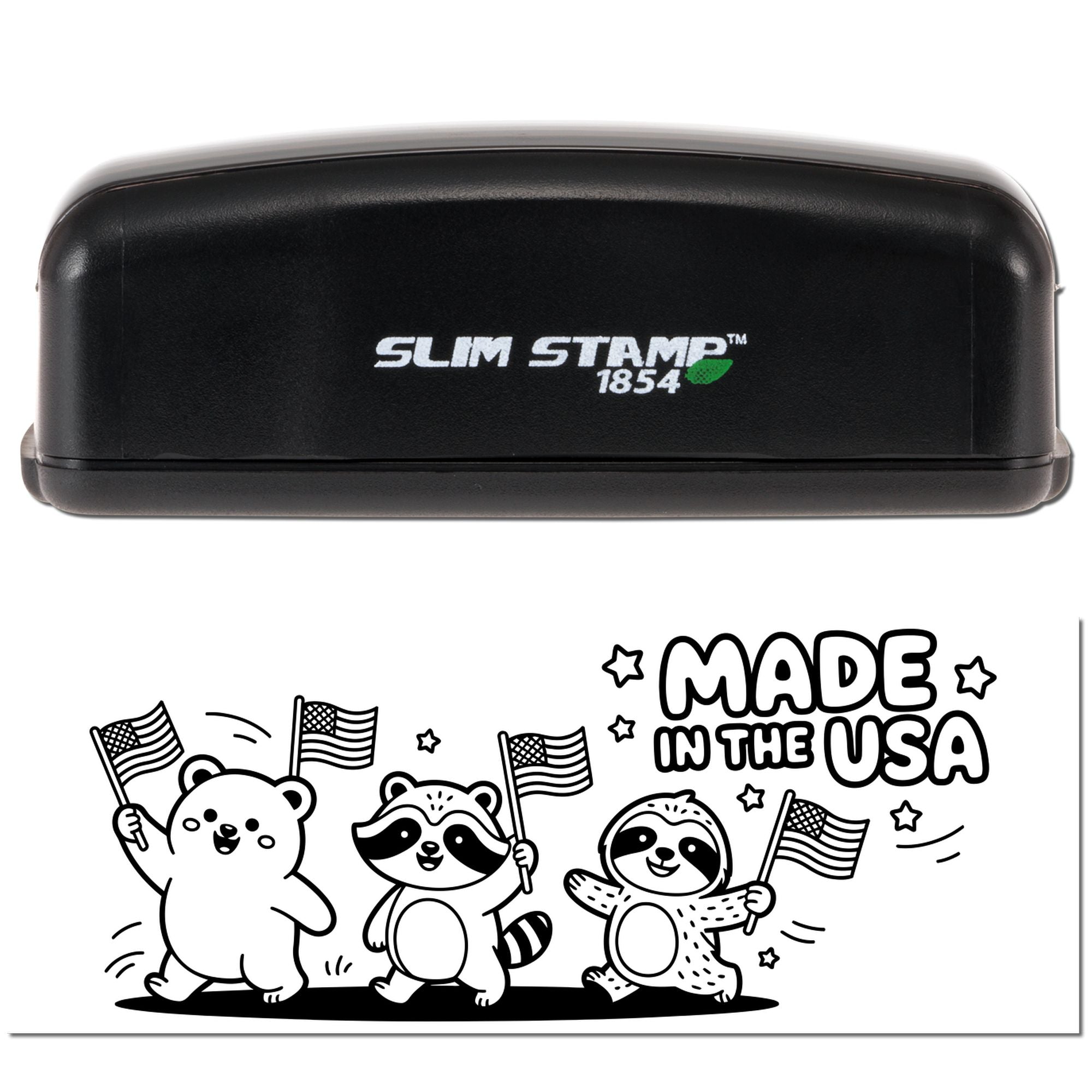 Slim Stamp 1854 rubber stamp showing Made in the USA design with patriotic bear, raccoon and sloth illustration.