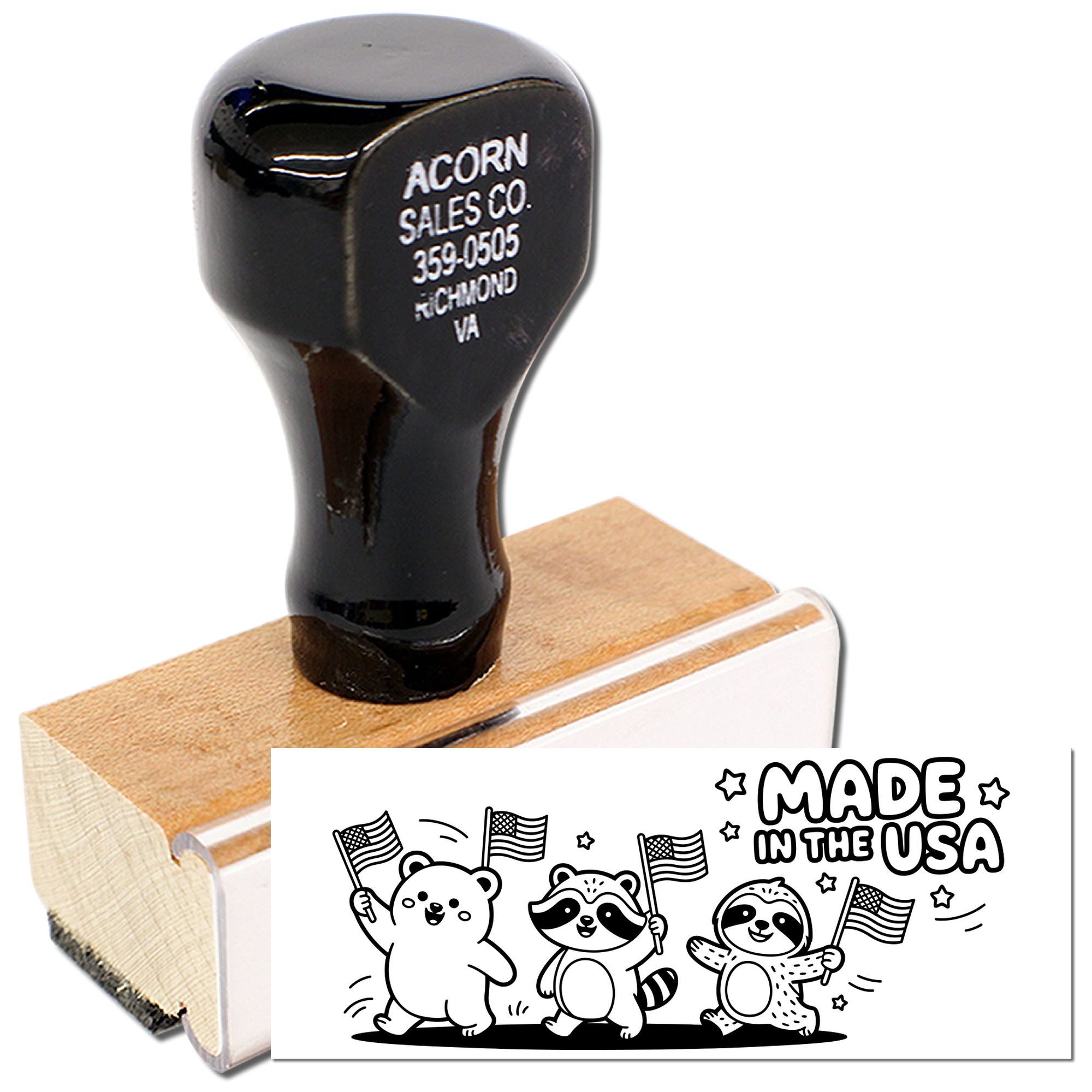 Wooden rubber stamp showing a Made in the USA design with bear, raccoon, and sloth holding American flags