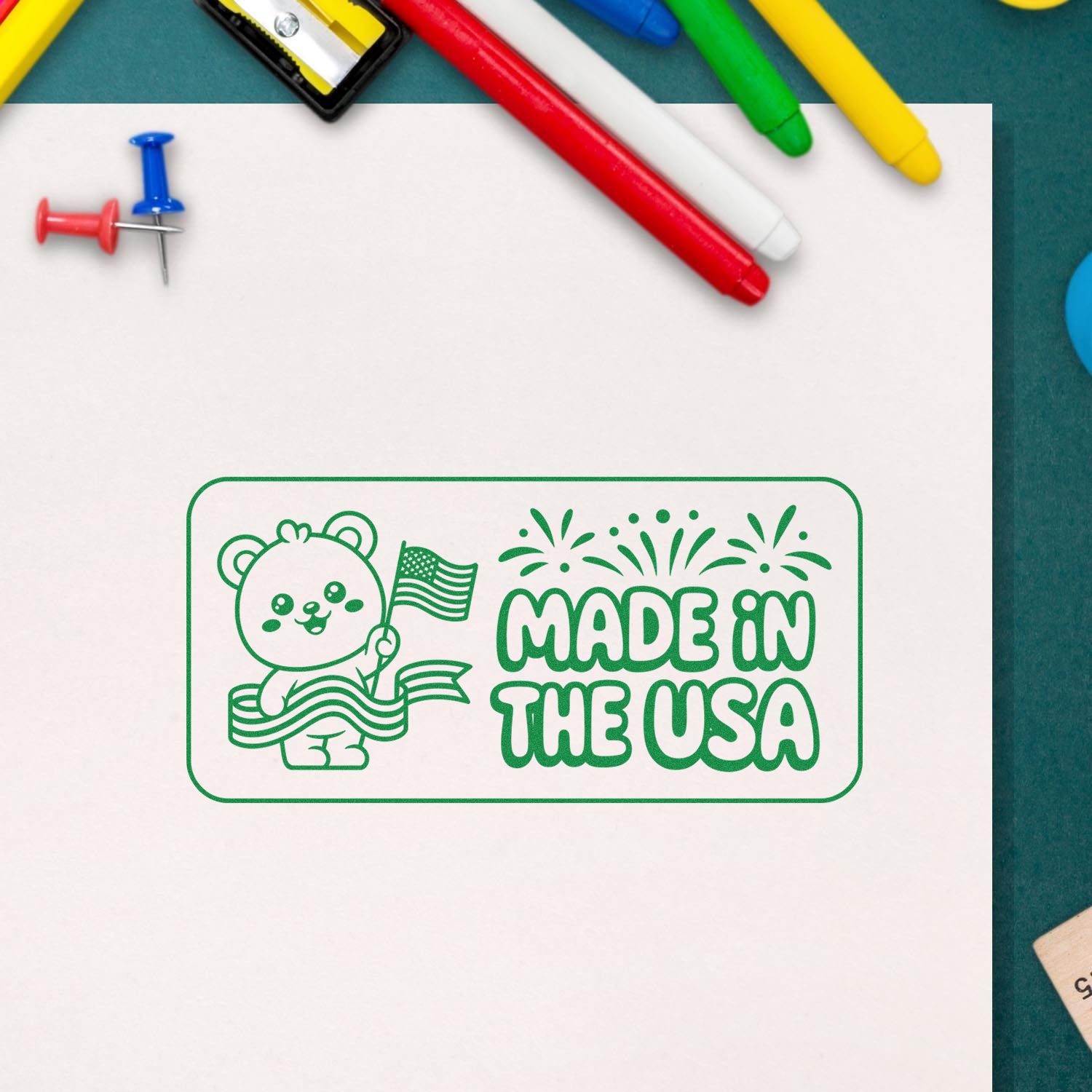 Made in the USA rubber stamp design with patriotic bear and American flag, ideal for packaging and branding.
