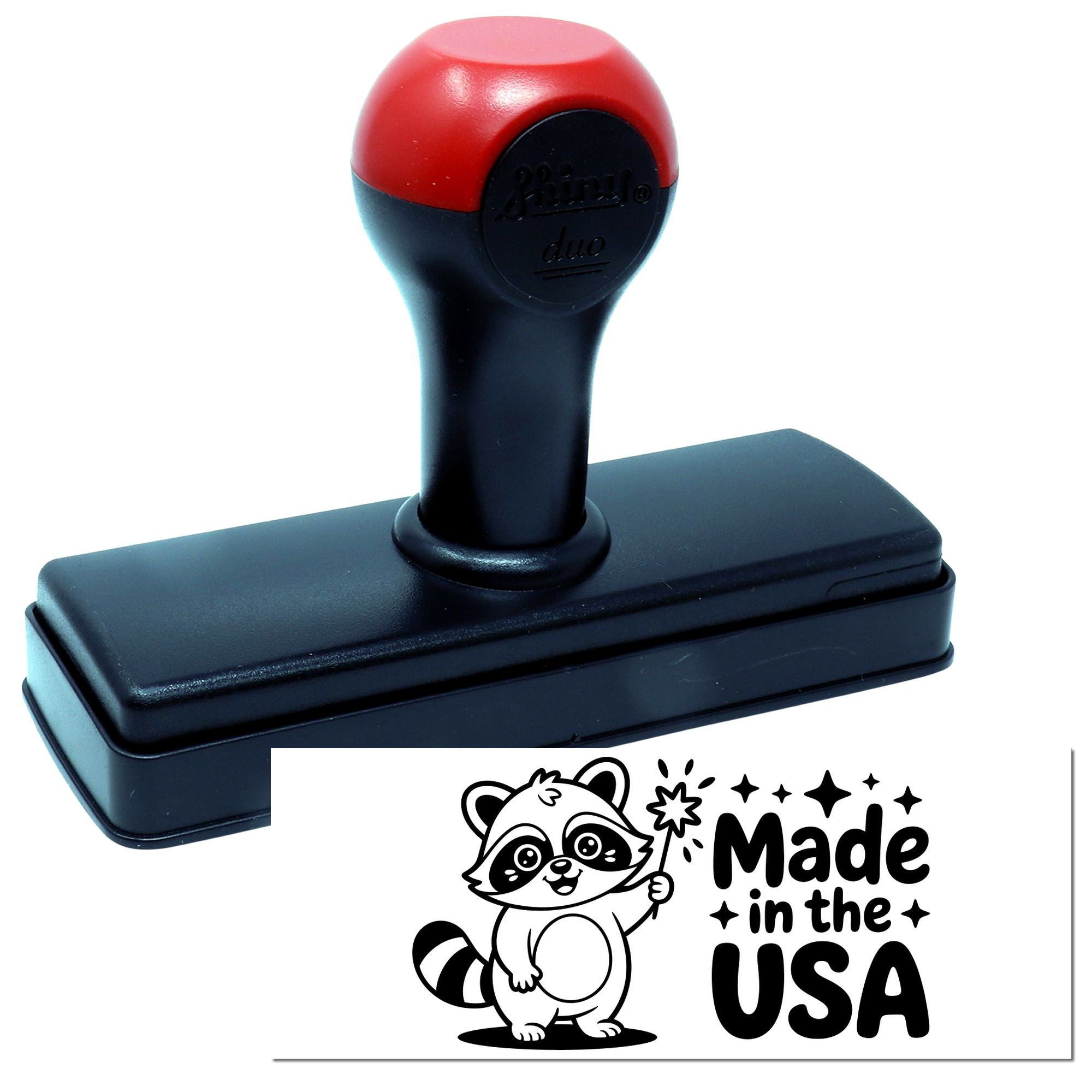 Self-inking rubber stamp with Made in the USA raccoon design impression for custom branding and packaging.