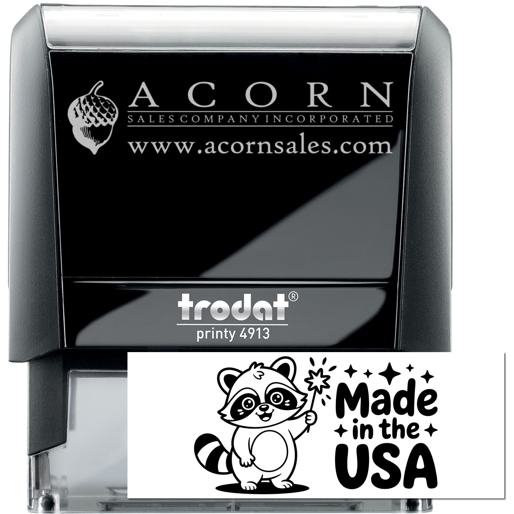 Custom self-inking rubber stamp with Acorn Sales Company logo and website, Trodat Printy 4913.