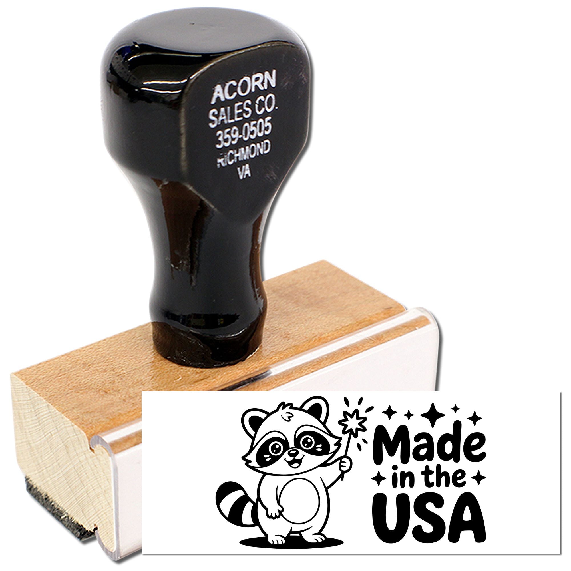Wooden handle rubber stamp with Made in the USA raccoon logo for branding handmade products and packaging.