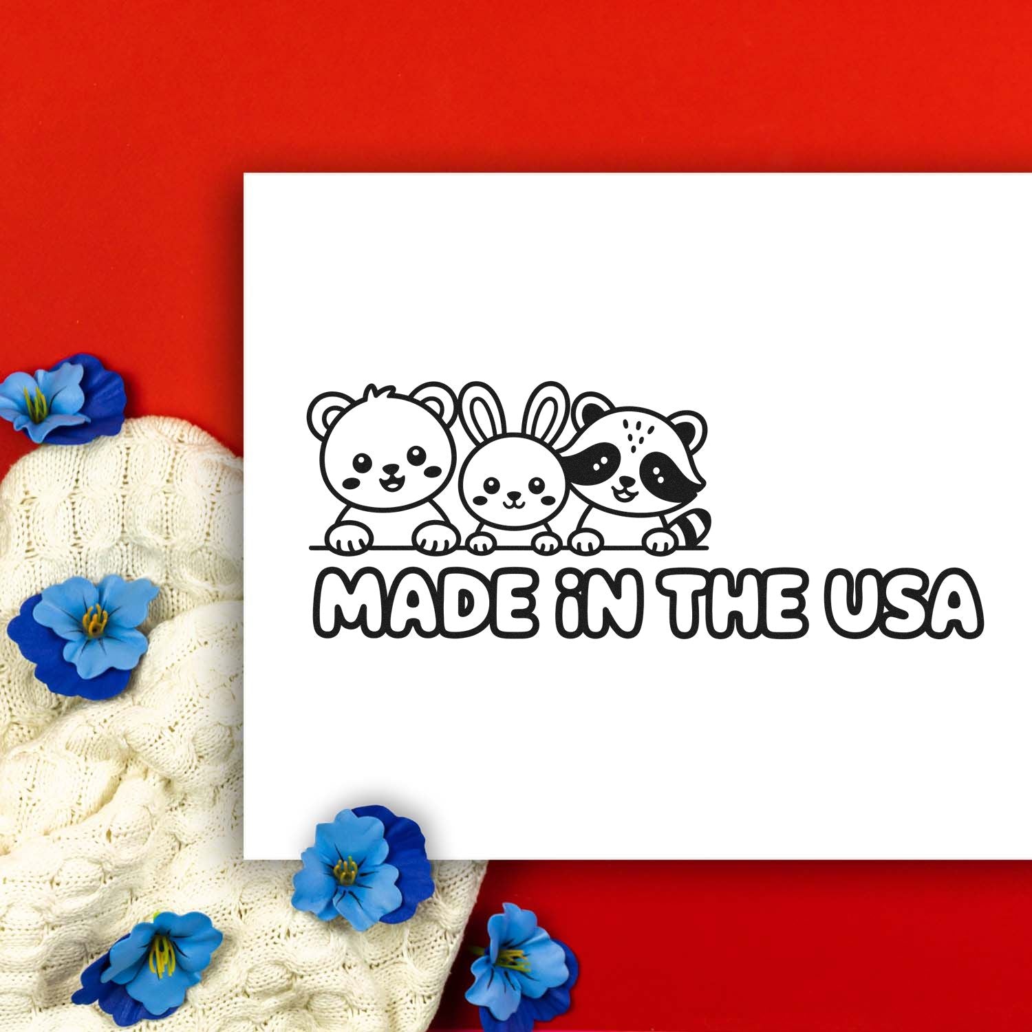 Made in the USA rubber stamp design with cute bear, bunny and raccoon for handmade crafts, packaging and product branding