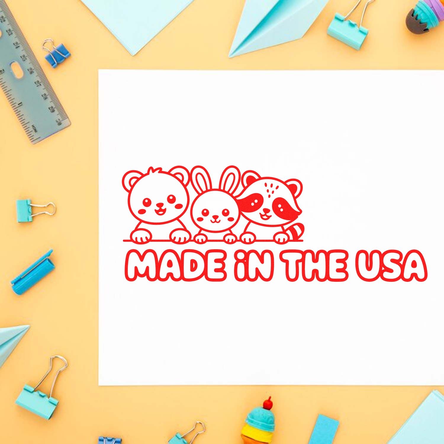 Made in the USA rubber stamp design with cute bear, bunny and raccoon for handmade stationery or packaging.