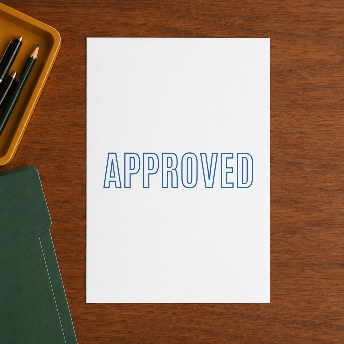 "Approved" imprint from fixed stock wording, no customization needed