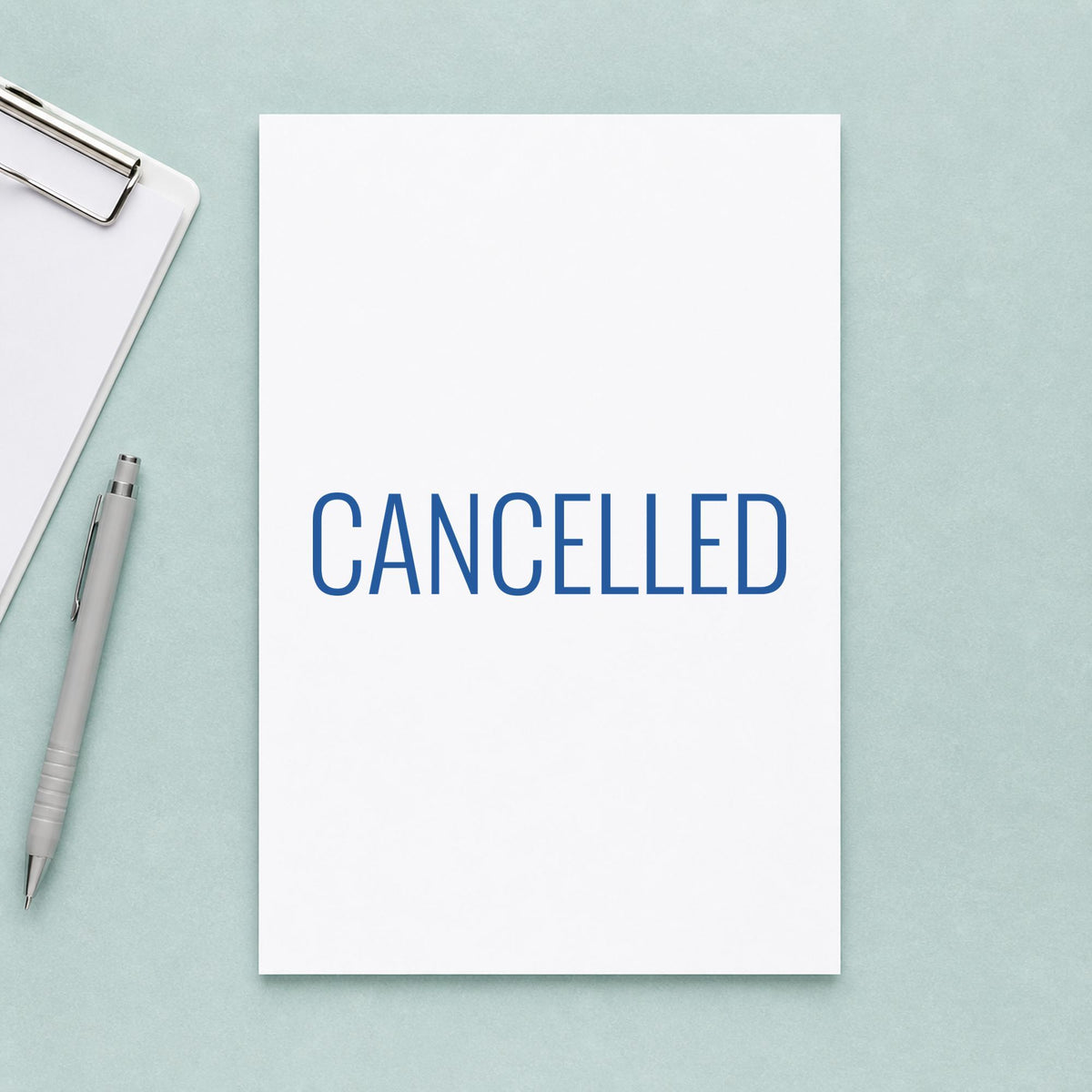 "Cancelled" imprint from fixed stock wording, no customization needed