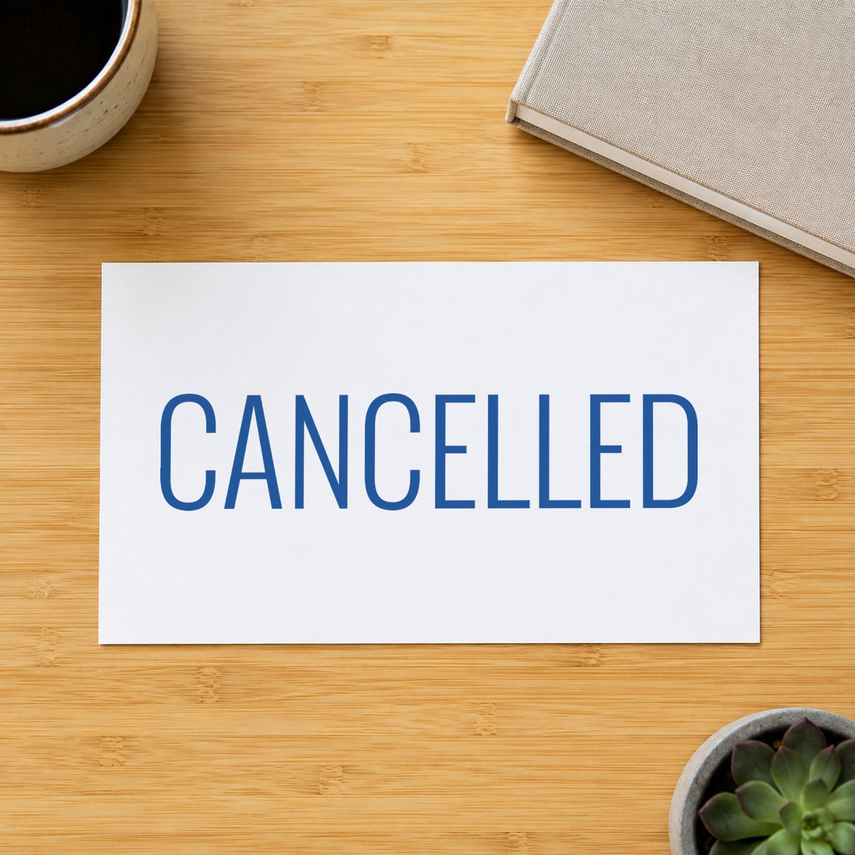 "Cancelled" impression shown close up, rectangular imprint at 1-5/8 x 1/2 in