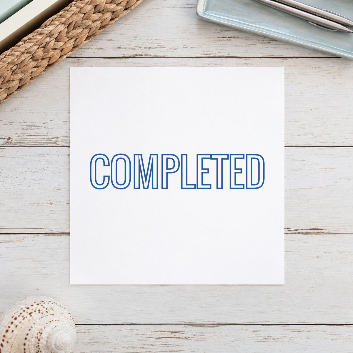 "Completed" mark added to paperwork with a pre-inked Xstamper stamp
